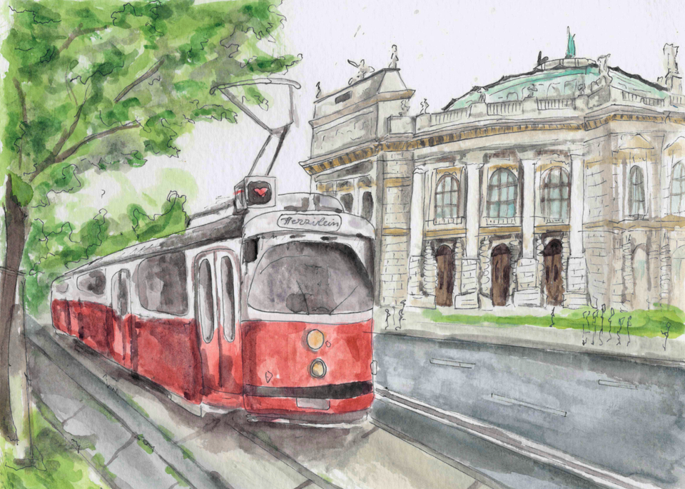 Gezeichnetes Bild von einer Straßenbahn vor dem Burgtheater in Wien