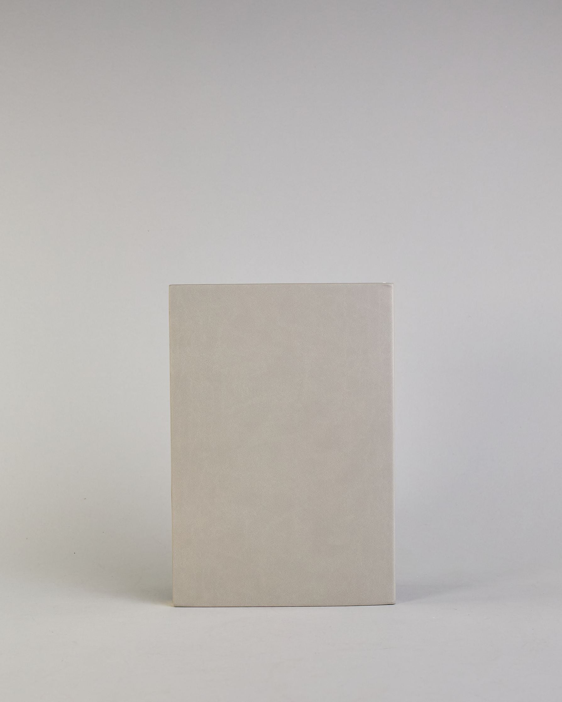 Hellgraues PU-Notizbuch mit zwei Laschen an der Vorderseite, eine Stiftschlaufe und einem zusätzlichem Fach, in dem auch ein Smartphone Platz findet. Unten dezent goldene Prägung mit dem Schriftzug ‚Somewhere‘. Ein goldfarbener Stift steckt seitlich in der Lasche. #18