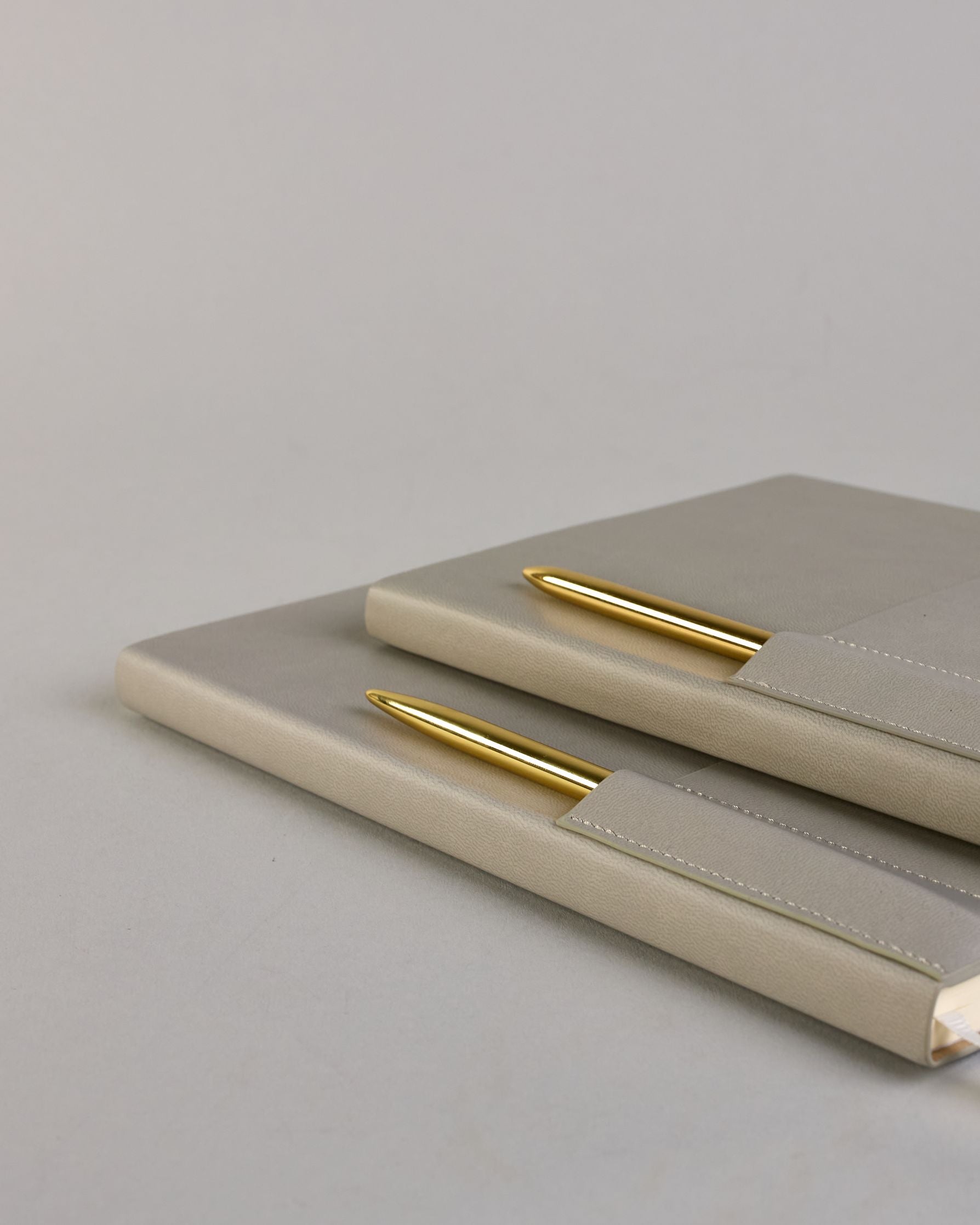 Hellgraues PU-Notizbuch mit zwei Laschen an der Vorderseite, eine Stiftschlaufe und einem zusätzlichem Fach, in dem auch ein Smartphone Platz findet. Unten dezent goldene Prägung mit dem Schriftzug ‚Somewhere‘. Ein goldfarbener Stift steckt seitlich in der Lasche. #32