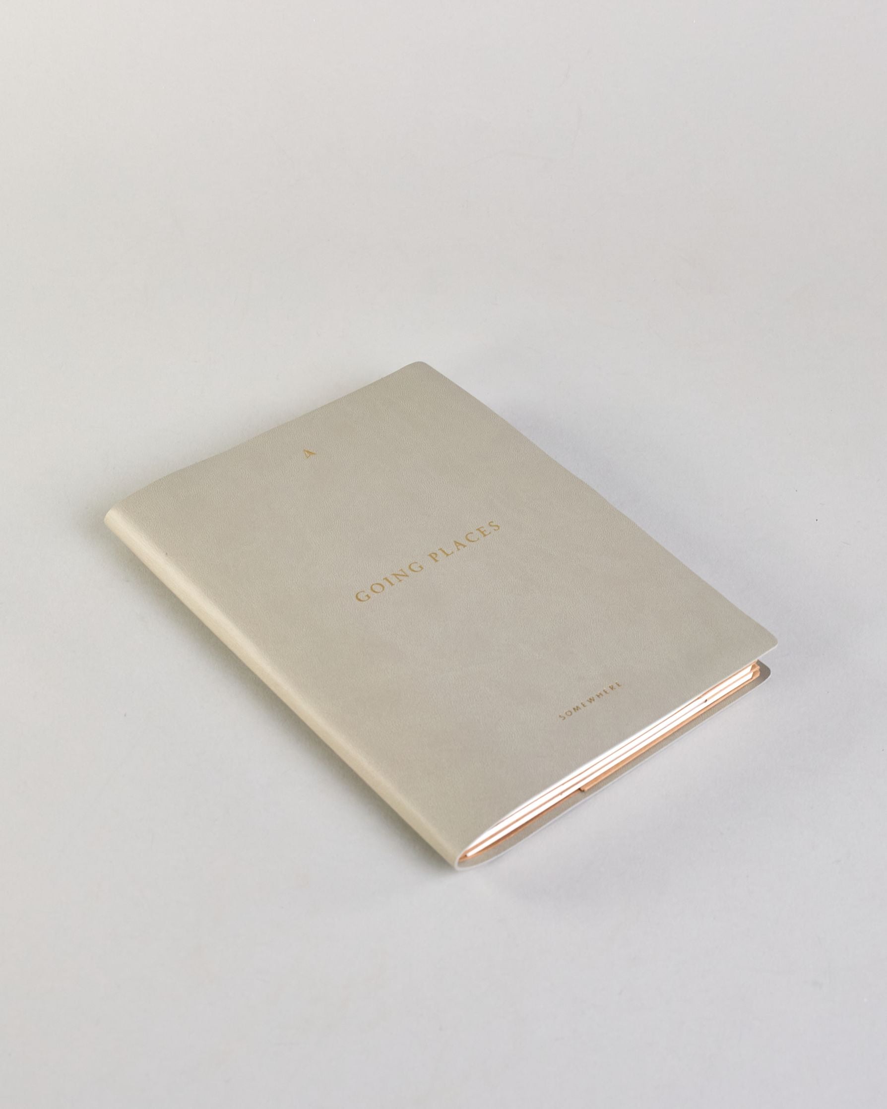 Hellgraues PU-Notizbuch mit zarter goldener Aufschrift "Going Places" auf der Vorderseite. Innen ist das System aus Kraftpapier und es können drei Hefte und ein Block flexibel eingehängt und immer wieder ausgetauscht werden. #1