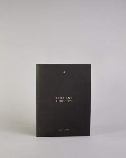 Dunkelgraue PU-Notizbuch mit zarter goldener Aufschrift "Brilliant Thoughts" auf der Vorderseite. Innen ist das System aus Kraftpapier und es können drei Hefte und ein Block flexibel eingehängt und immer wieder ausgetauscht werden. #1