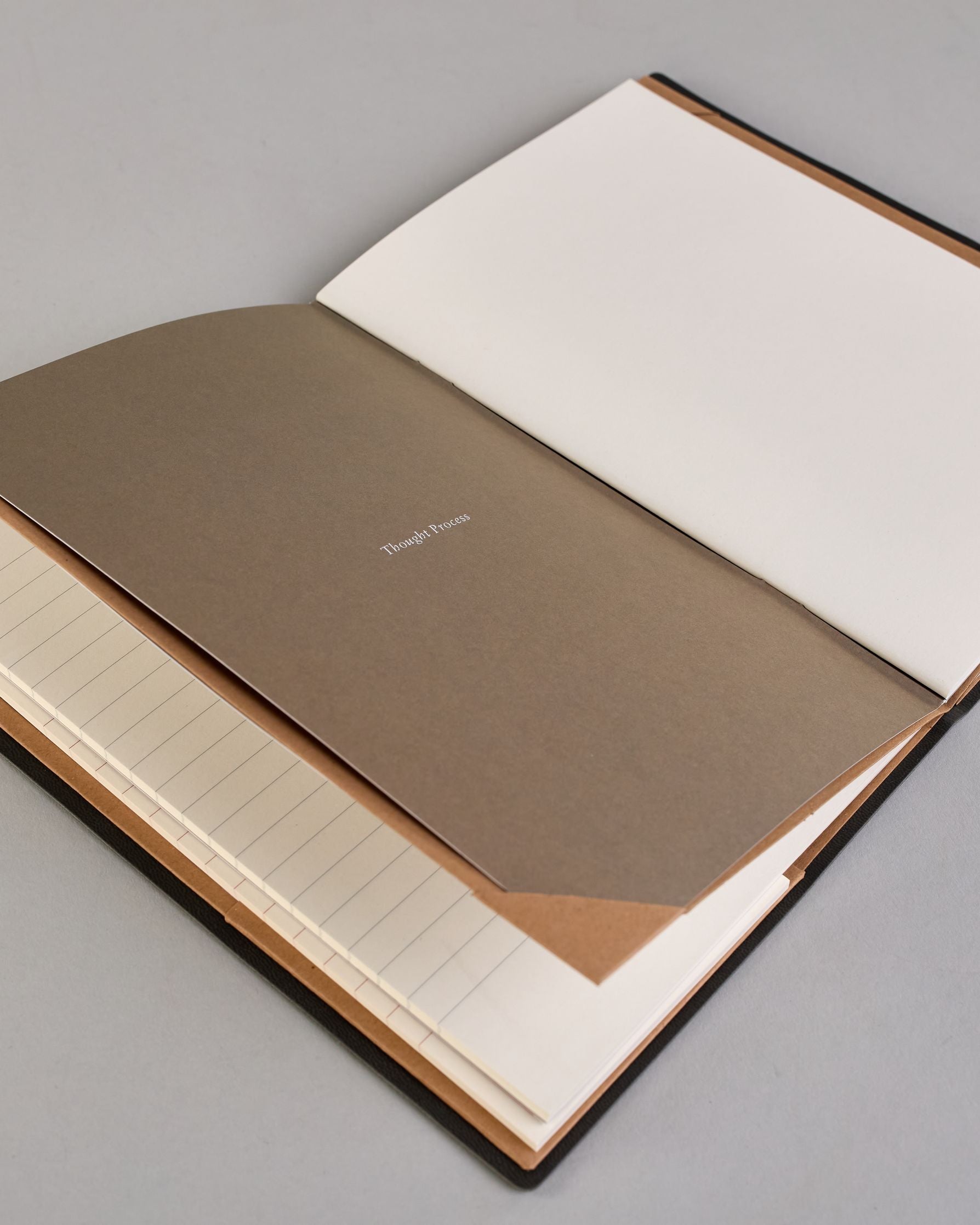 Dunkelgraue PU-Notizbuch mit zarter goldener Aufschrift "Brilliant Thoughts" auf der Vorderseite. Innen ist das System aus Kraftpapier und es können drei Hefte und ein Block flexibel eingehängt und immer wieder ausgetauscht werden. #3