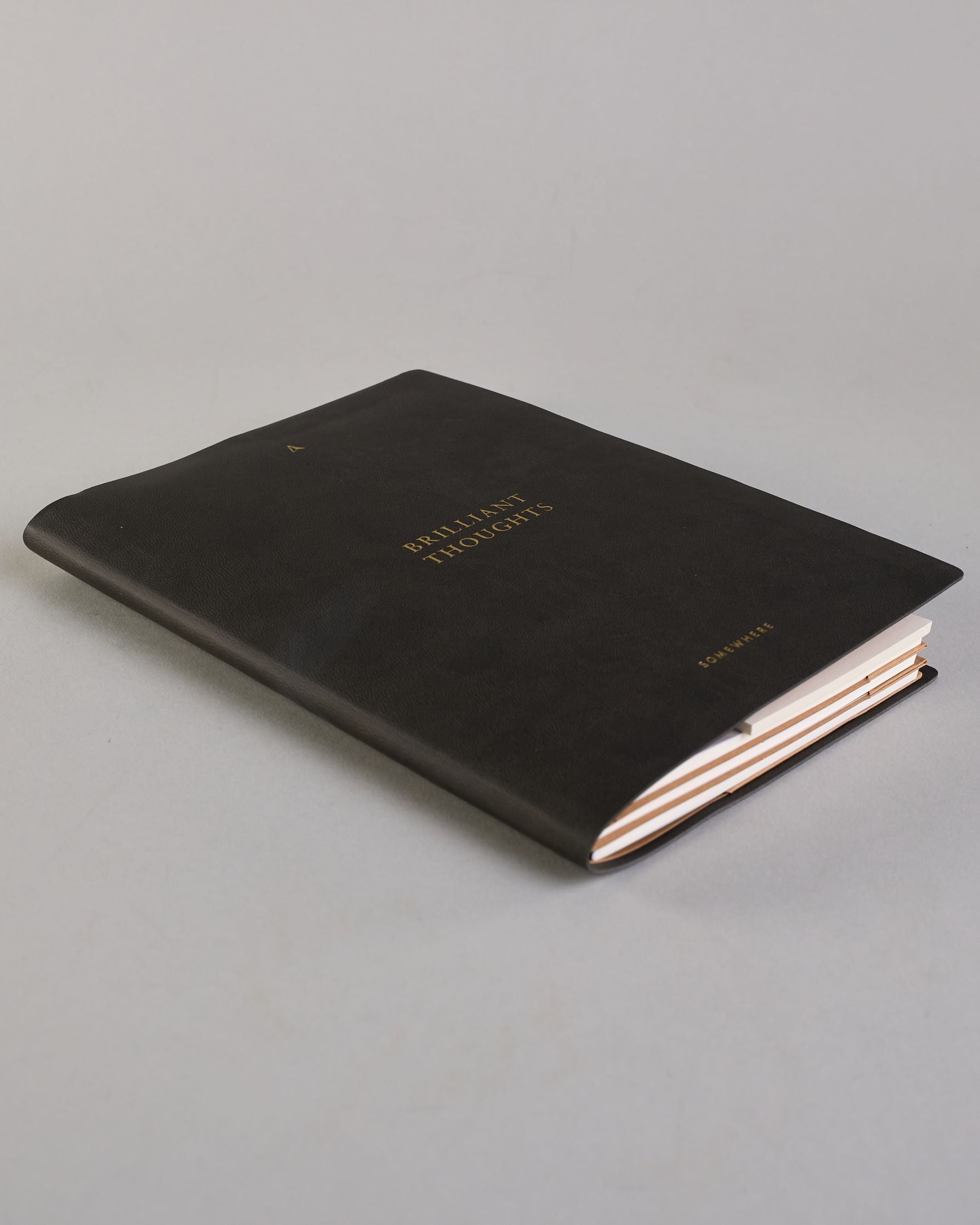 Dunkelgraue PU-Notizbuch mit zarter goldener Aufschrift "Brilliant Thoughts" auf der Vorderseite. Innen ist das System aus Kraftpapier und es können drei Hefte und ein Block flexibel eingehängt und immer wieder ausgetauscht werden. #5