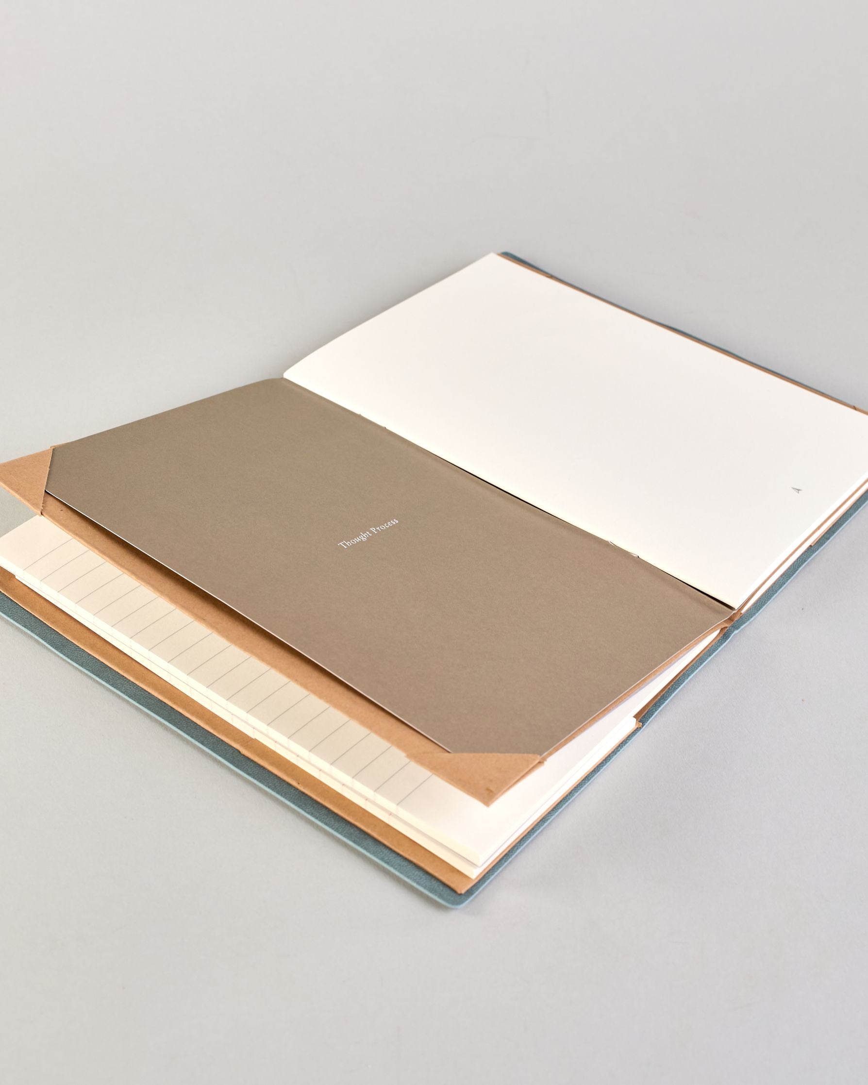 Jeansblaues PU-Notizbuch mit zarter goldener Aufschrift "Start Somewhere" auf der Vorderseite. Innen ist das System aus Kraftpapier und es können drei Hefte und ein Block flexibel eingehängt und immer wieder ausgetauscht werden. #4