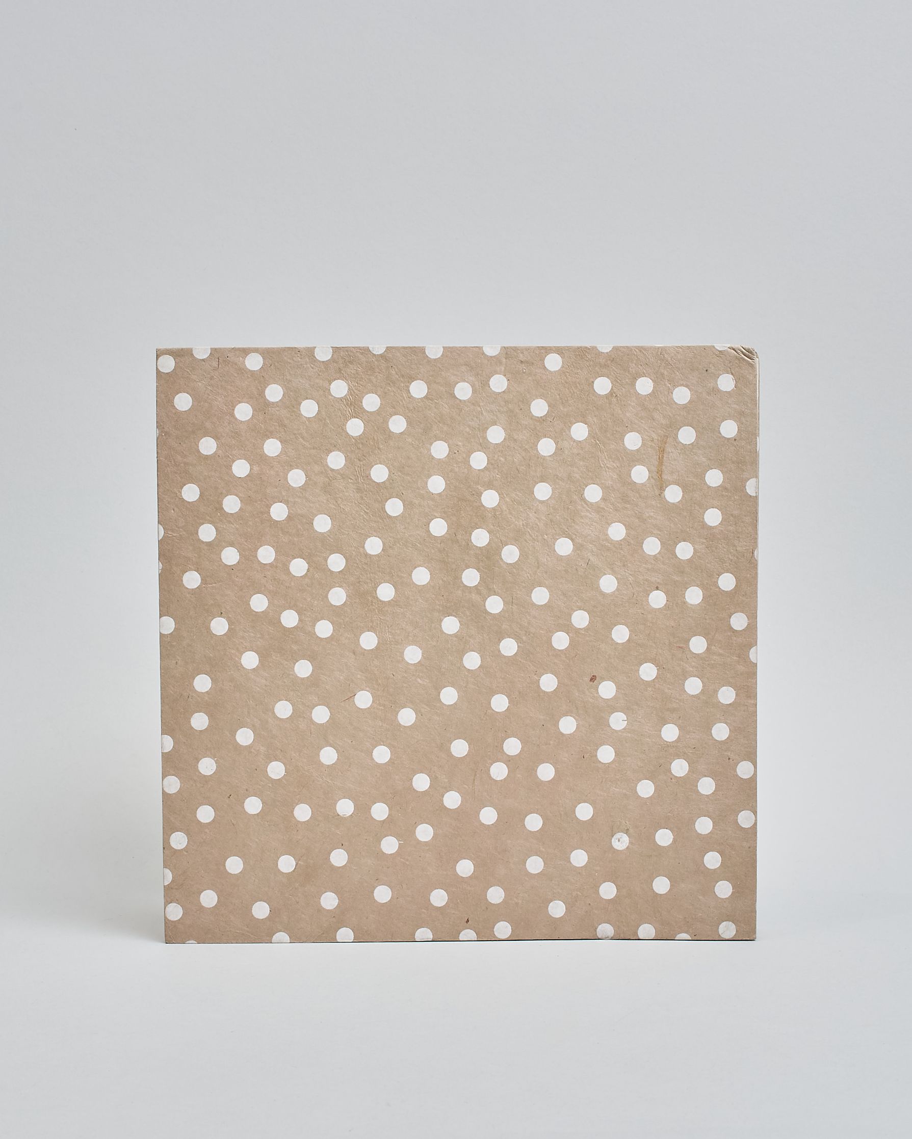 Ein Quadratisches Fotoalbum oder Gästebuch mit Hardcover in beiger Grundfarbe und darauf weiße Punkte, die über das ganze Cover verteilt sind. In der Mitte befindet sich ein rechteckeiges Fenster hinter dem man ein Einlageblatt mit kalligrafiertem Text befestigen kann. #3