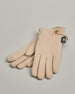 Cremefarbene Handschuhe in Velourlederoptik und flauschigem Futter mit eingestickter Blume auf dem Daumen und Zeigefinger als Bedienungshife für das Handy. QH-HH-GD-001.cre