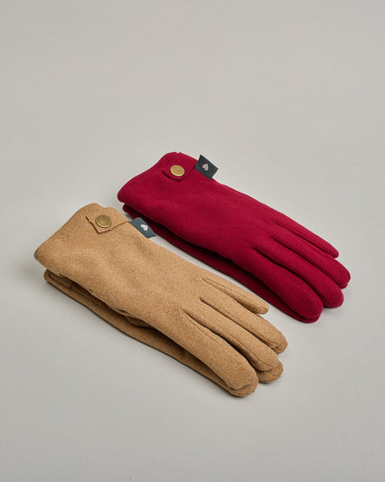 Beige Handschuhe in Velourlederoptik und flauschigem Futter mit eingestickter Blume auf dem Daumen und Zeigefinger als Bedienungshife für das Handy. #2