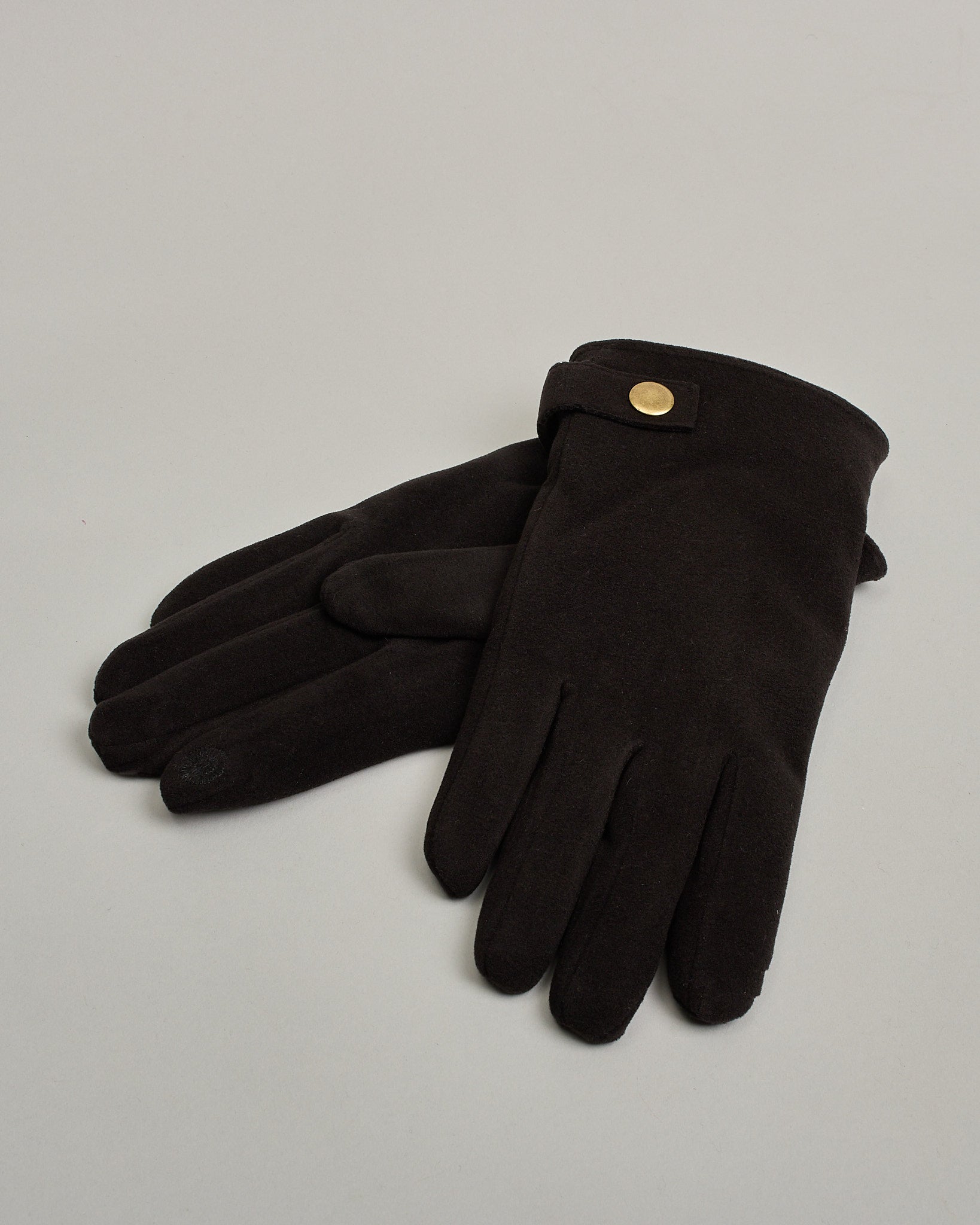 Dunkelgraue Handschuhe für Herren in Velourlederoptik und flauschigem Futter mit eingesticktem Kreis auf dem Daumen und Zeigefinger als Bedienungshife für das Handy.