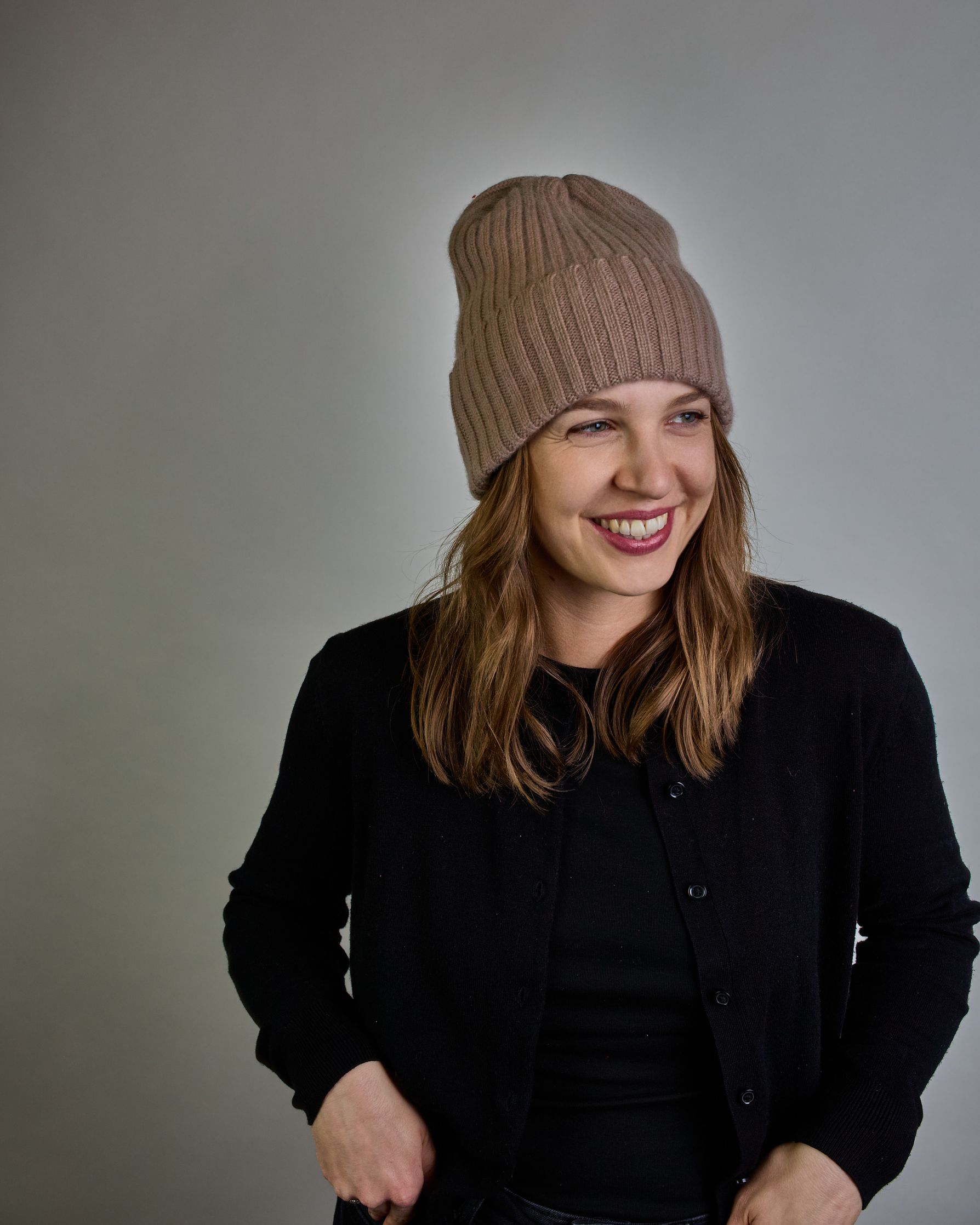 Beige Kaschmir Ripp-Haube mit Umschlag #1