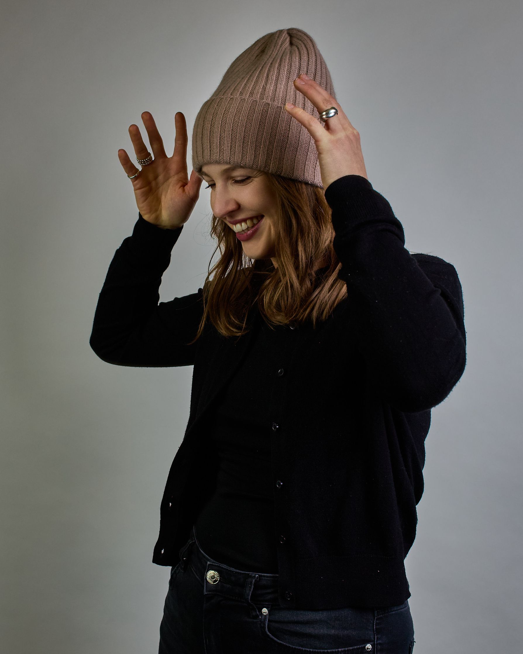 Beige Kaschmir Ripp-Haube mit Umschlag #2