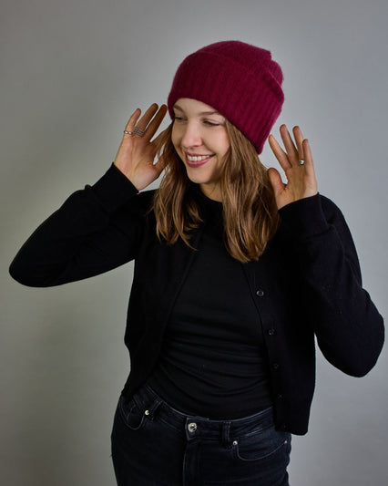 Bordeauxrote Kaschmir Ripp-Haube mit Umschlag #1