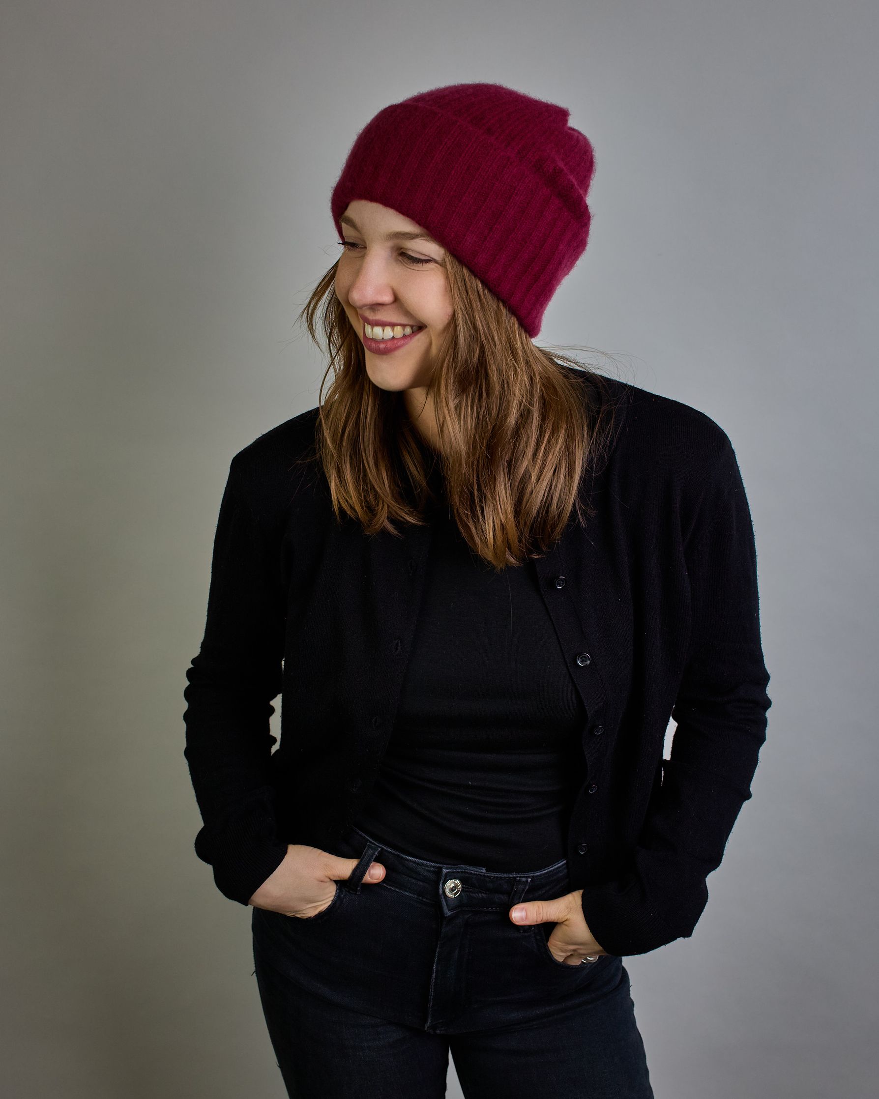 Bordeauxrote Kaschmir Ripp-Haube mit Umschlag #2