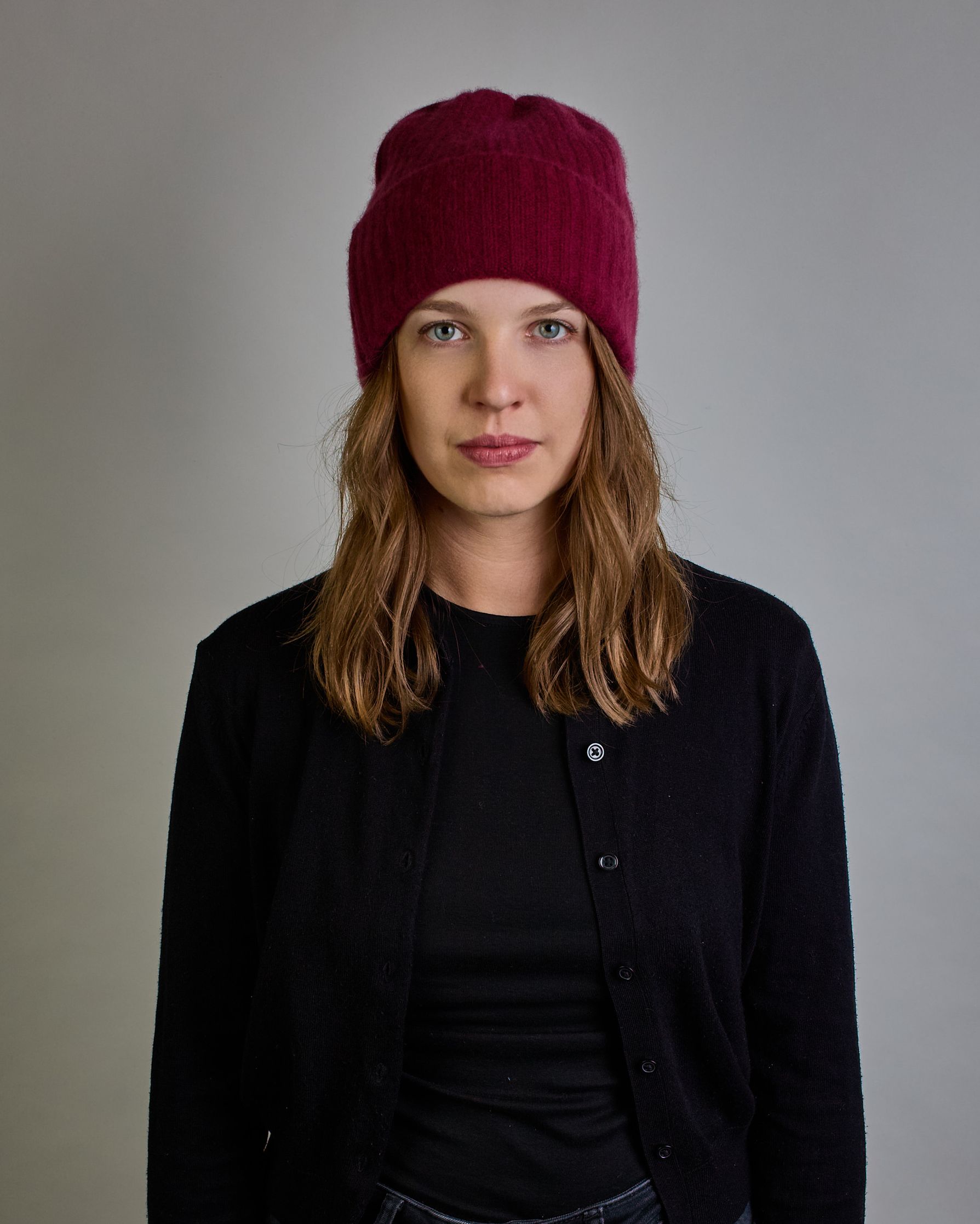 Bordeauxrote Kaschmir Ripp-Haube mit Umschlag #3