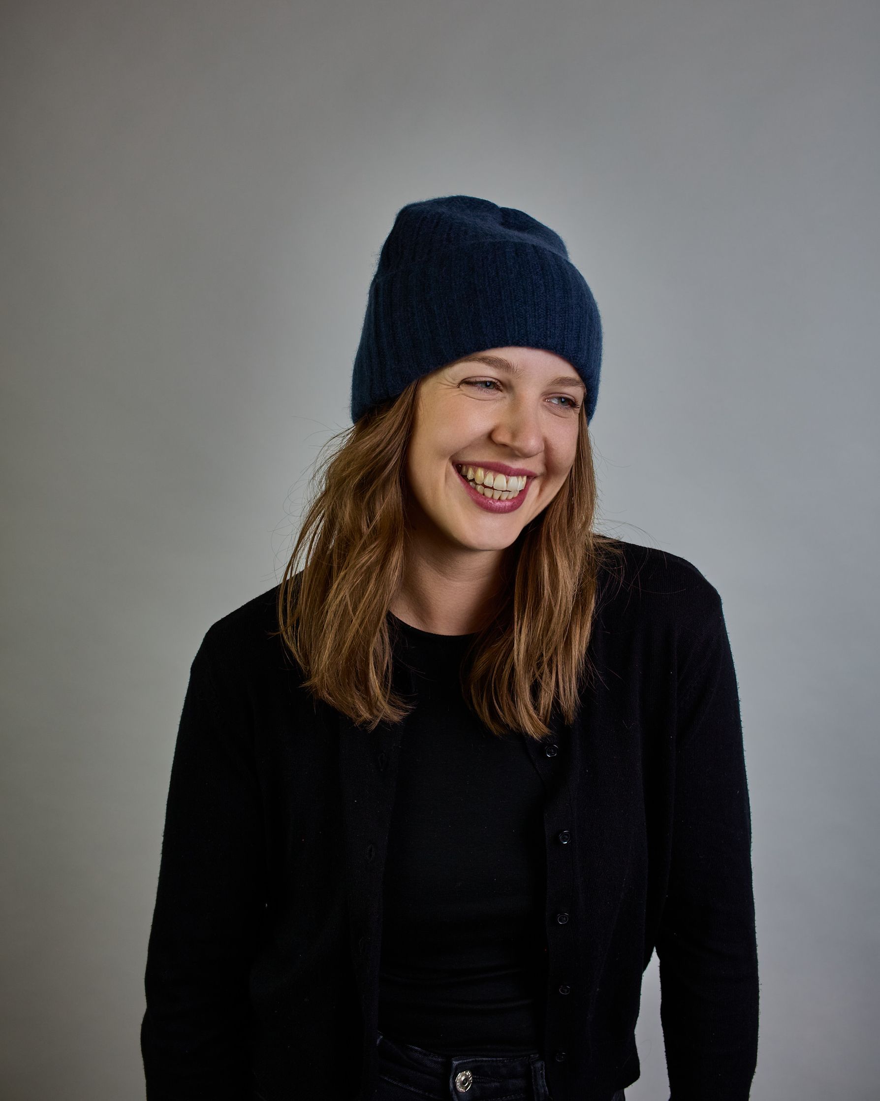 Dunkelblaue Kaschmir Ripp-Haube mit Umschlag #3