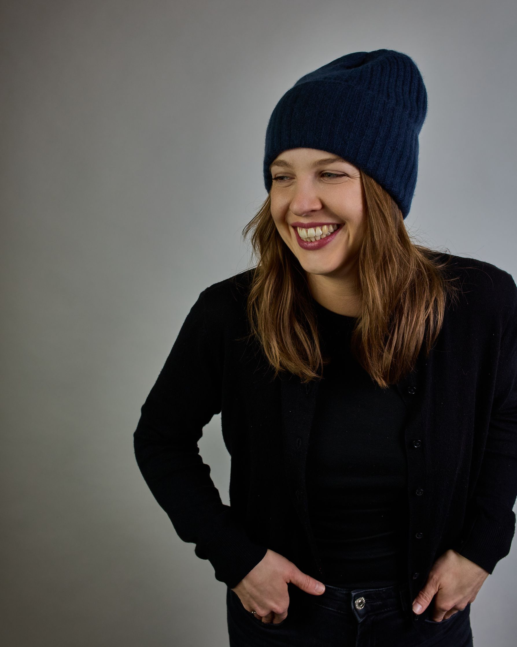 Dunkelblaue Kaschmir Ripp-Haube mit Umschlag #4