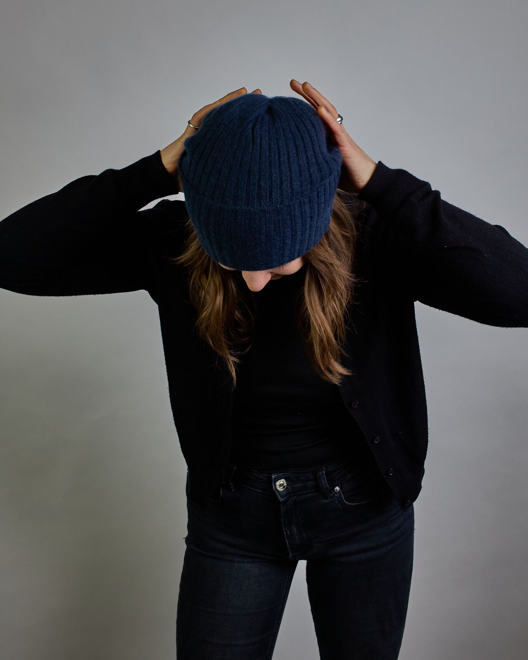 Dunkelblaue Kaschmir Ripp-Haube mit Umschlag #6