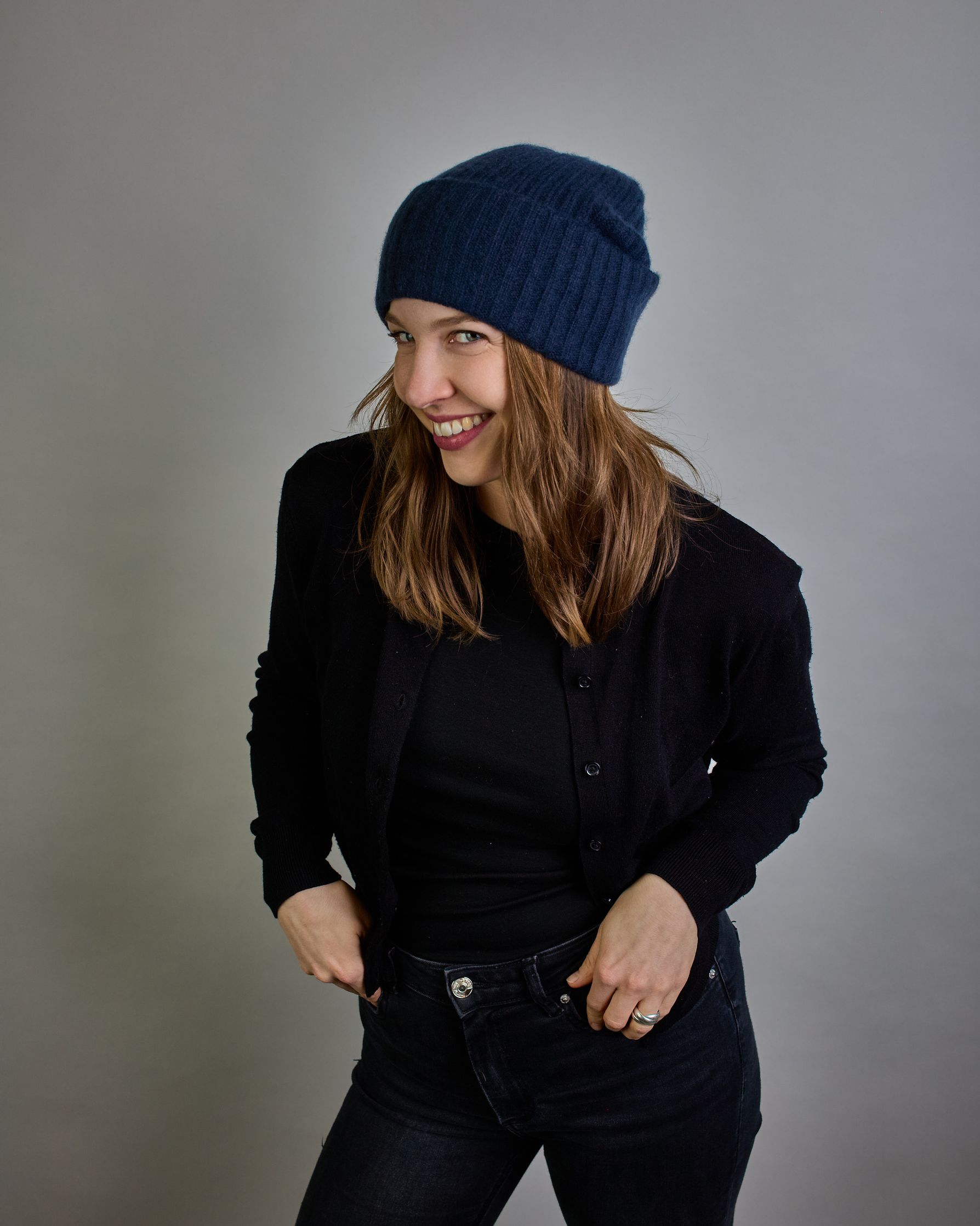 Dunkelblaue Kaschmir Ripp-Haube mit Umschlag #7