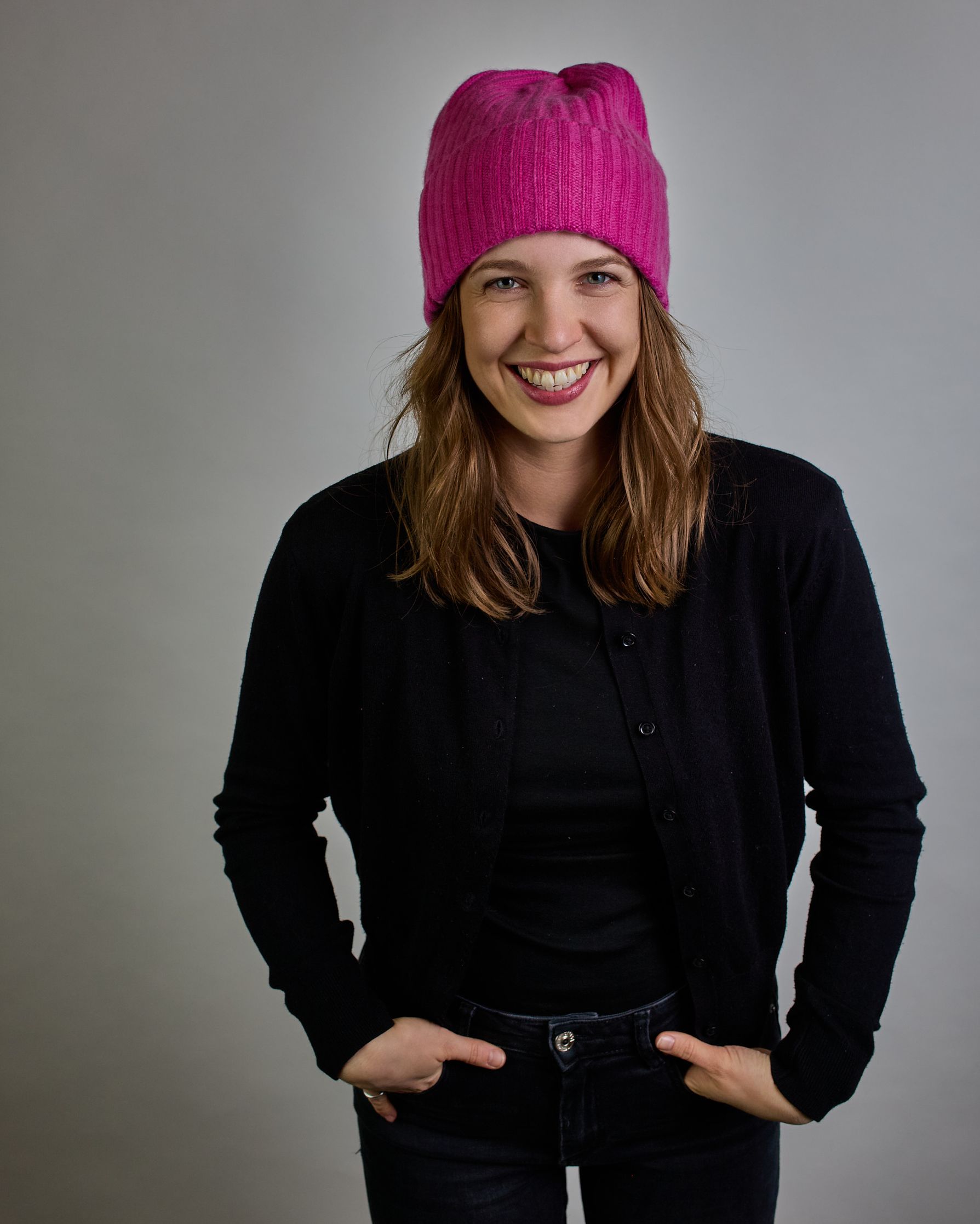 Pinke Kaschmir Ripp-Haube mit Umschlag #1