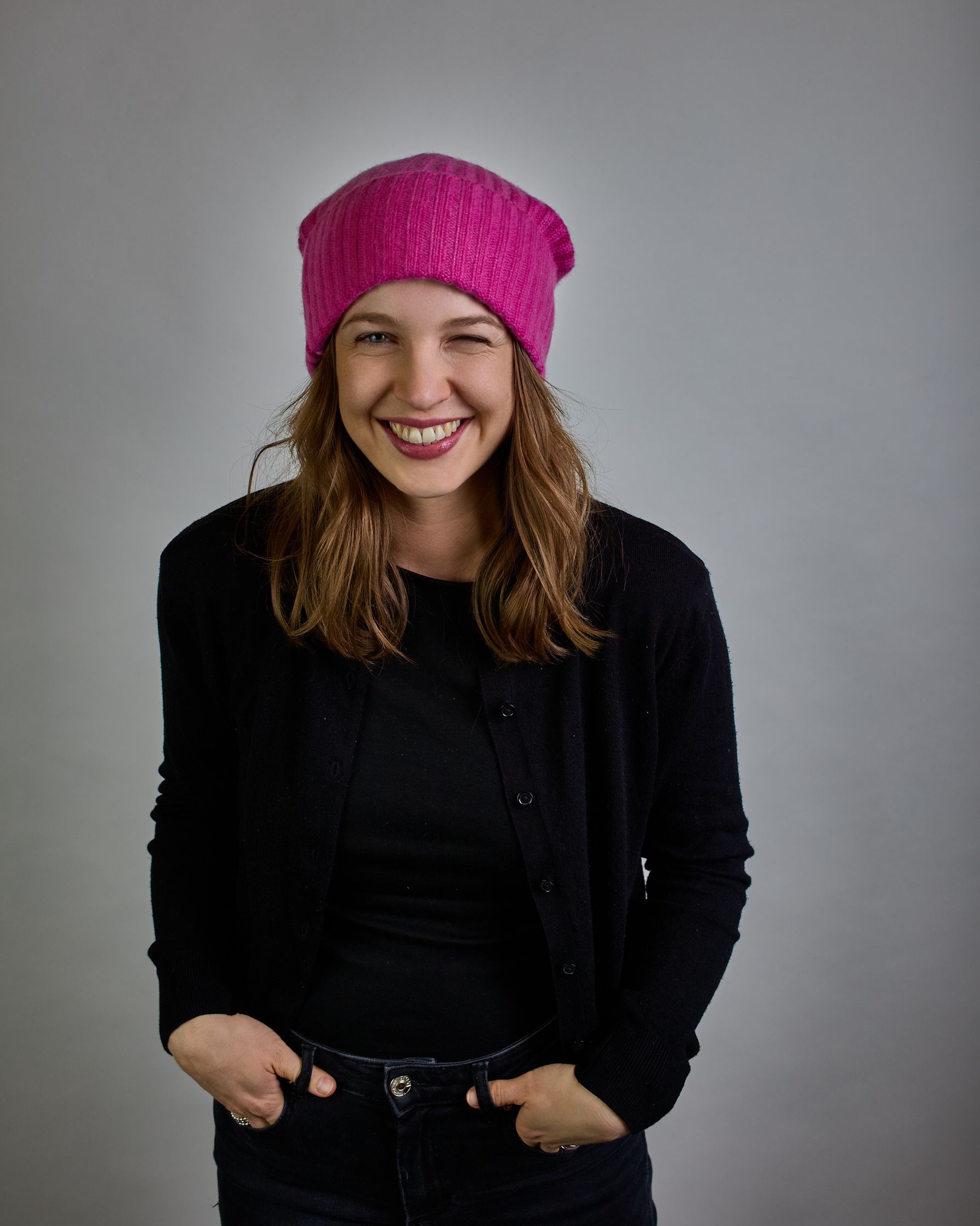 Pinke Kaschmir Ripp-Haube mit Umschlag #2