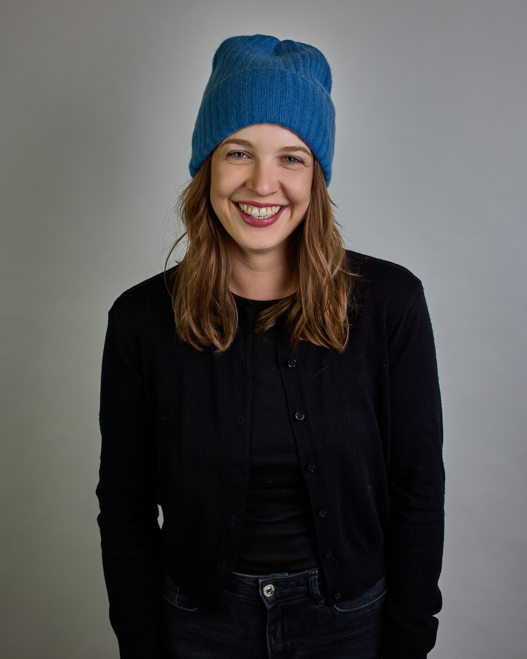 Jeansblaue Kaschmir Ripp-Haube mit Umschlag #2