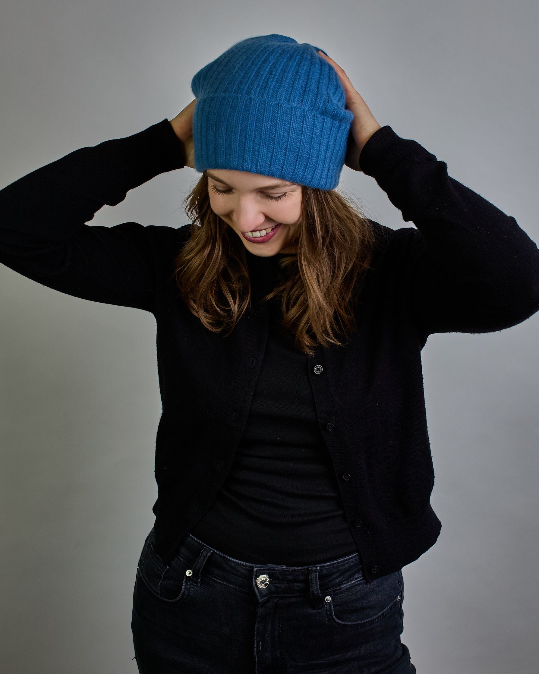 Jeansblaue Kaschmir Ripp-Haube mit Umschlag #3