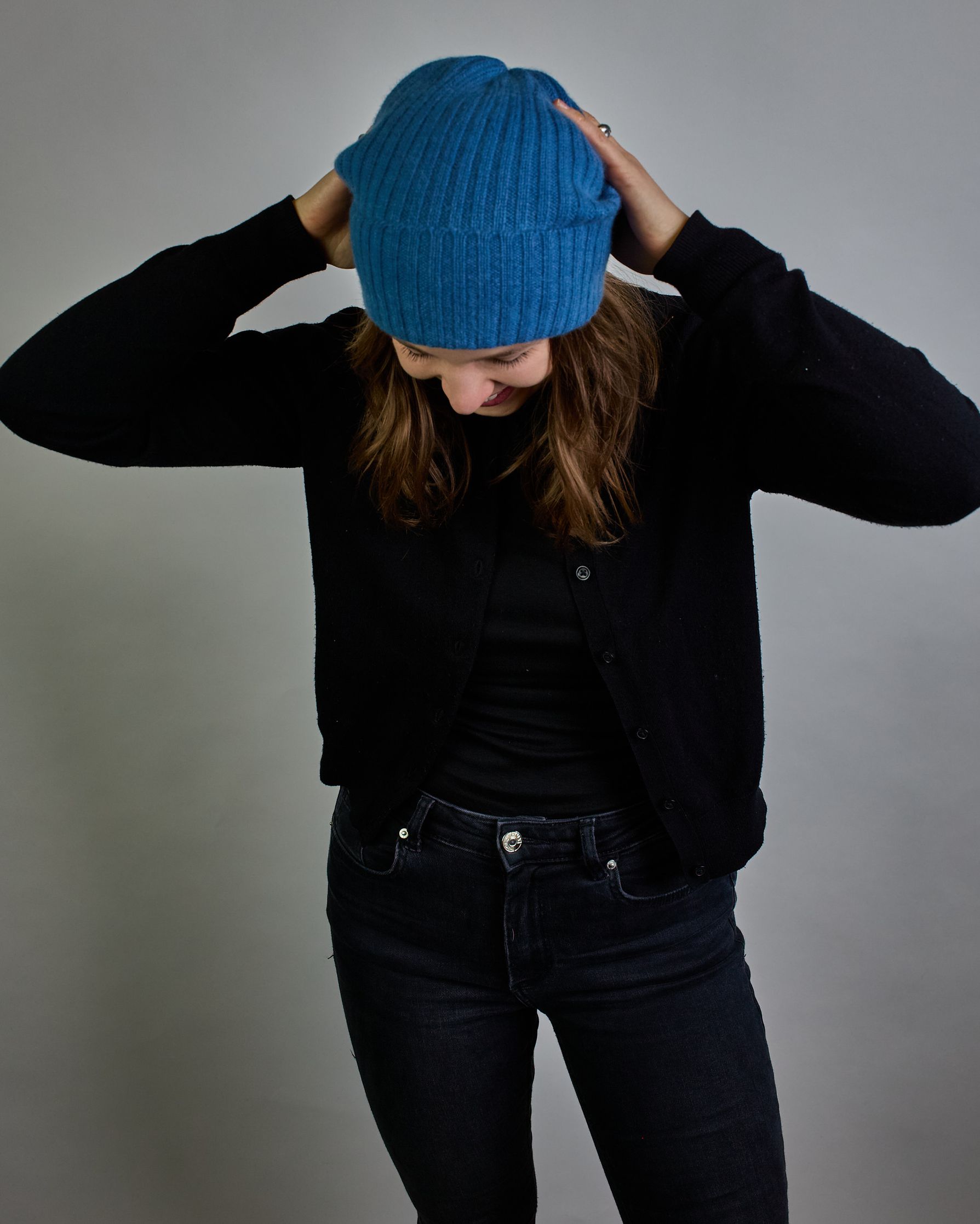 Jeansblaue Kaschmir Ripp-Haube mit Umschlag #4