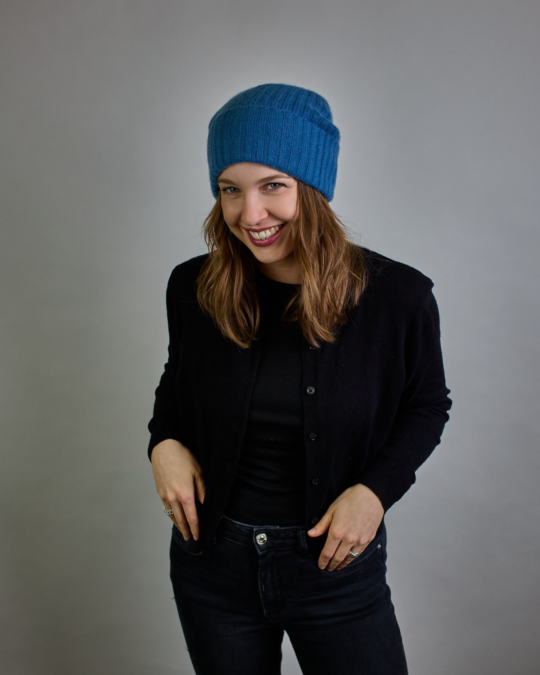 Jeansblaue Kaschmir Ripp-Haube mit Umschlag #5