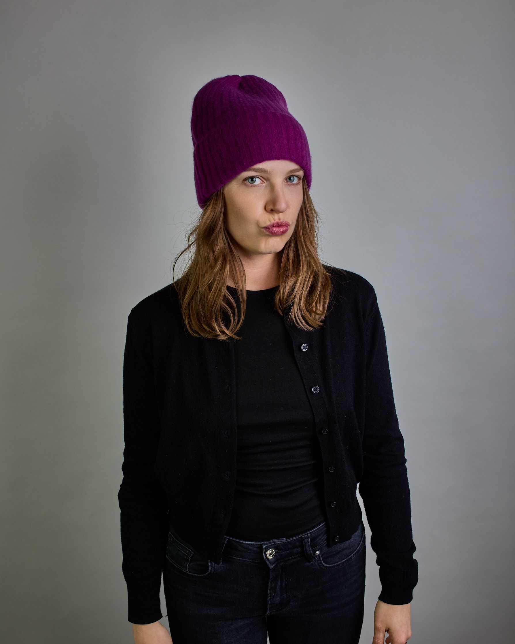 Violette Kaschmir Ripp-Haube mit Umschlag #3