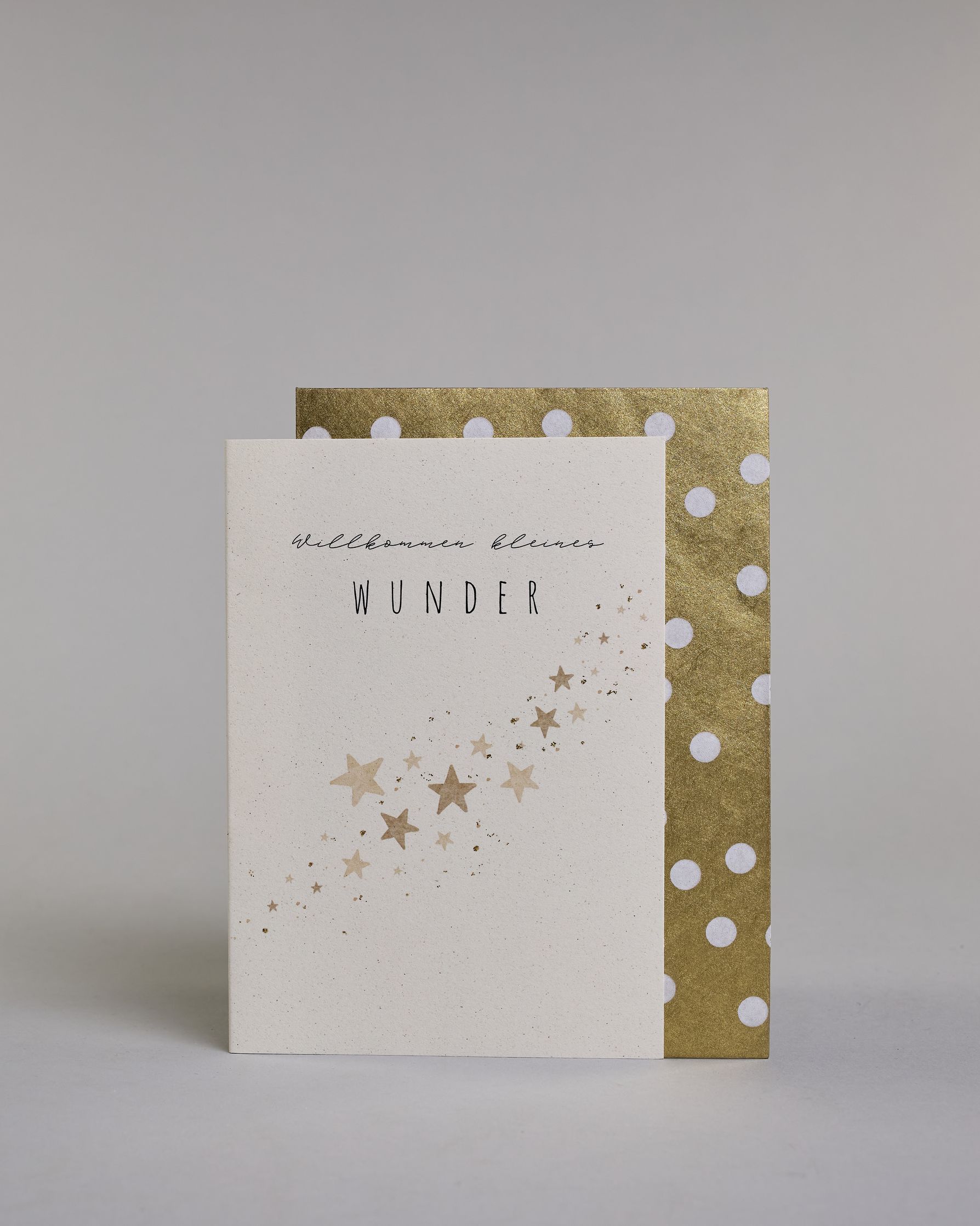 Glückwunschkarte zur Geburt mit der Aufschrift „Willkommen kleines Wunder“ in schwarzer Handlettering-Schrift. Das "willkommen kleines" ist in geschwungener Kalligrafieaufschrift, darunter das "WUNDER" in gerader Schrift dargestellt. Darunter verläuft schräg über die Karte ein Schwarm goldfarbener Sterne in verschiedenen Größen. Dazu ein gold-weißes handgeschöpftes Kuvert. #2