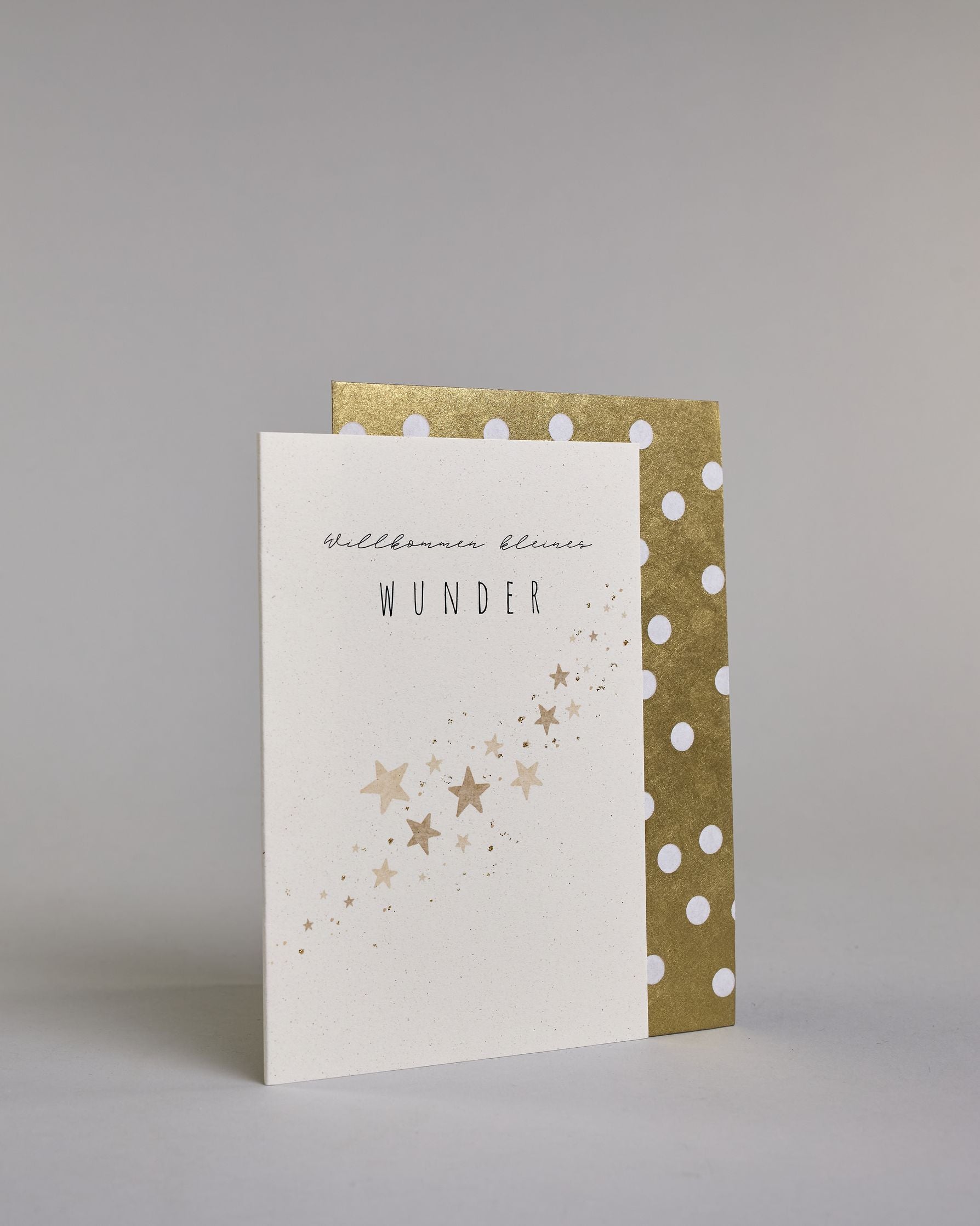 Glückwunschkarte zur Geburt mit der Aufschrift „Willkommen kleines Wunder“ in schwarzer Handlettering-Schrift. Das "willkommen kleines" ist in geschwungener Kalligrafieaufschrift, darunter das "WUNDER" in gerader Schrift dargestellt. Darunter verläuft schräg über die Karte ein Schwarm goldfarbener Sterne in verschiedenen Größen. Dazu ein gold-weißes handgeschöpftes Kuvert. #3