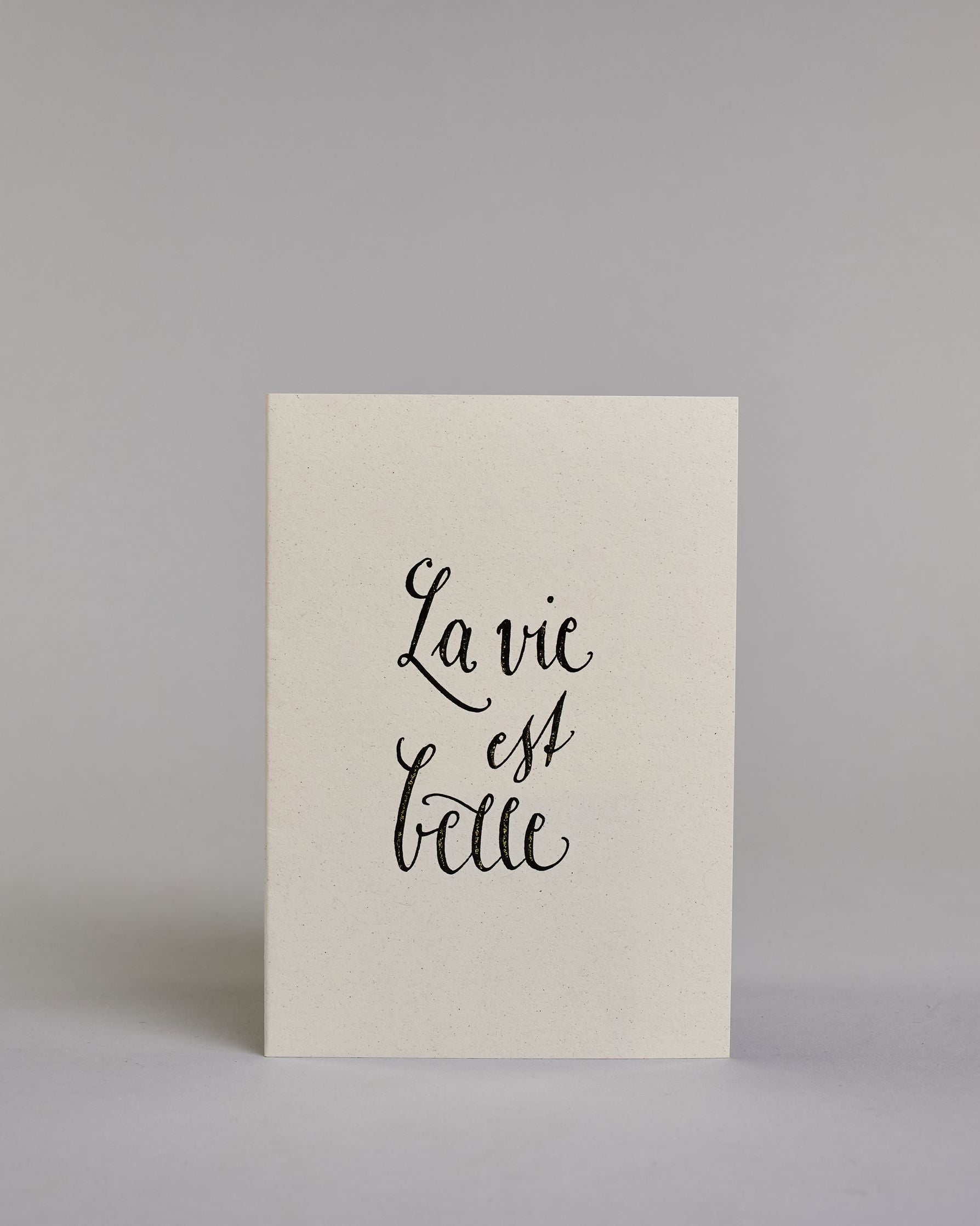 Karte auf Französischmit der Aufschrift „La vie est belle“ (übersetzt „Das Leben ist schön“) in schwarzer Handlettering-Schrift auf hellem Hintergrund. Die Kalligarfieaufschrift ist auf drei Zeilen aufgeteilt und in geschwungener Schrift gestaltet. Dazu ein weiß-goldenes handgeschöpftes Kuvert. #1