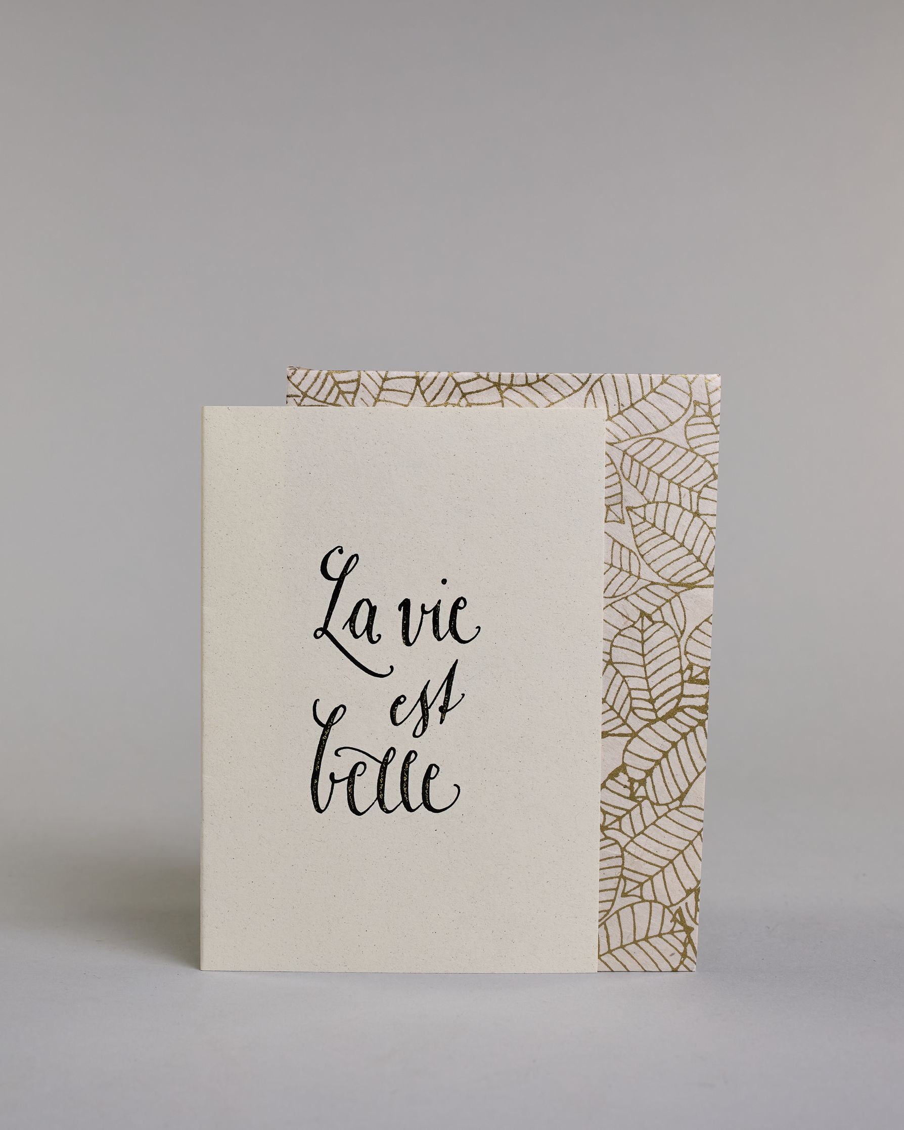 Karte auf Französischmit der Aufschrift „La vie est belle“ (übersetzt „Das Leben ist schön“) in schwarzer Handlettering-Schrift auf hellem Hintergrund. Die Kalligarfieaufschrift ist auf drei Zeilen aufgeteilt und in geschwungener Schrift gestaltet. Dazu ein weiß-goldenes handgeschöpftes Kuvert. #2