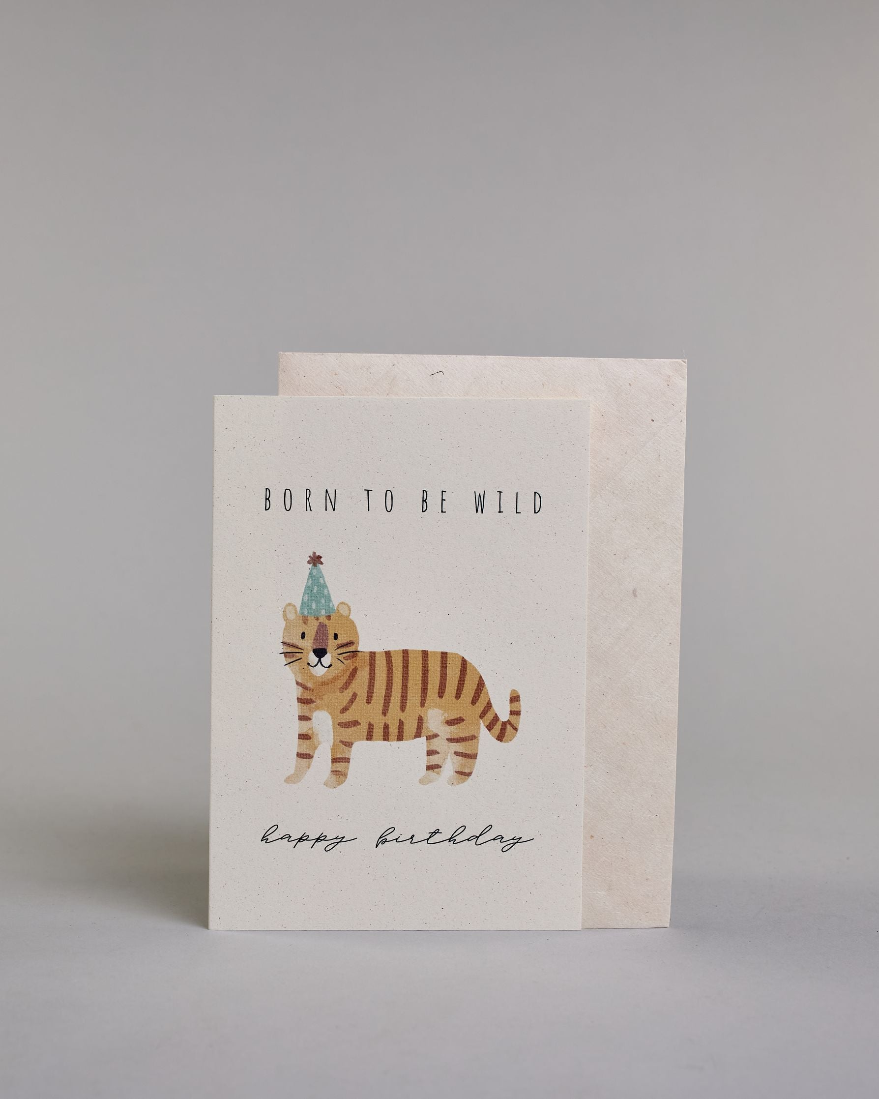 Glückwunschkarte auf Englisch zum Geburtstag mit schwarzer Kalligrafieaufschrift "born to be wild happy birthday", mit einer kindlich gezeichneten orange getigerten Katze mit blauem Partyhut auf hellem Hintergrund. Oben steht in dünner gerader Schrift "BORN TO BE WILD", darunter ist mittig die Katze, darunter "happy birthday" in geschwungener dünner Kalligrafieschrift. Dazu ein weißes handgeschöpftes Kuvert. #2