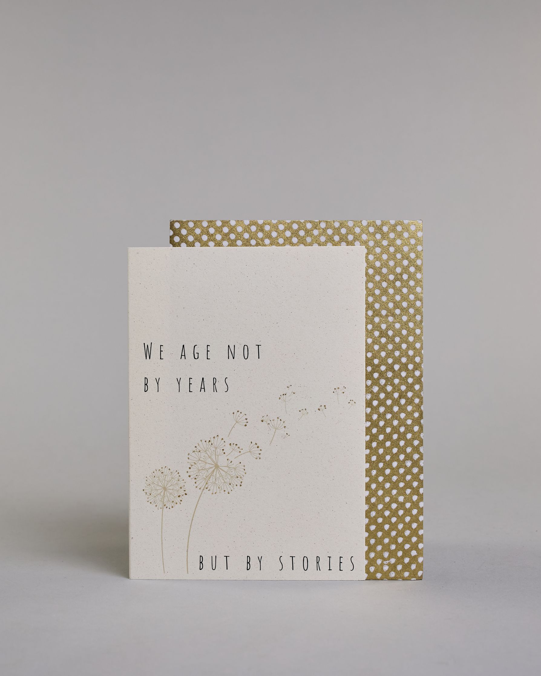 Glückwunschkarte auf Englisch zum Geburtstag mit schwarzer Kalligrafieaufschrift "We age not by years but by stories", mit zwei gezeichneten Pusteblumen deren Samen verweht werden auf hellem Hintergrund. Oben links steht in dünner gerader Schrift "WE AGE NOT", darunter "BY YEARS", darunter von links nach rechtswandernd die goldverzierte Pusteblume, darunter rechts "BUT BY STORIES" in gerader dünner Kalligrafieschrift. Dazu ein weißes handgeschöpftes Kuvert. #2
