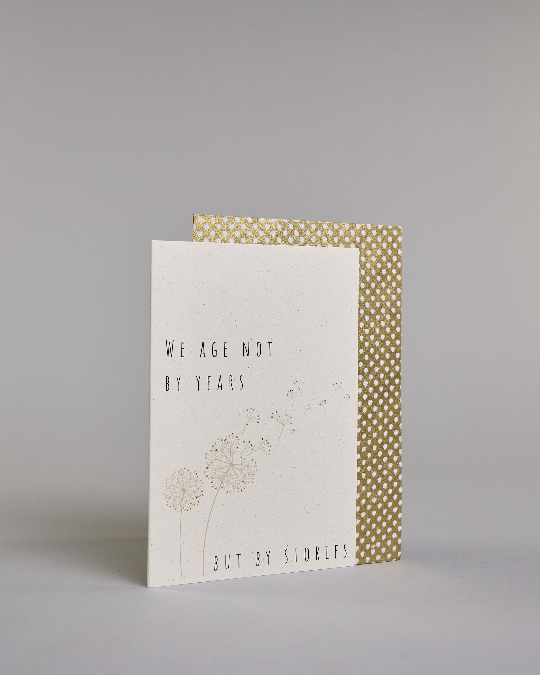 Glückwunschkarte auf Englisch zum Geburtstag mit schwarzer Kalligrafieaufschrift "We age not by years but by stories", mit zwei gezeichneten Pusteblumen deren Samen verweht werden auf hellem Hintergrund. Oben links steht in dünner gerader Schrift "WE AGE NOT", darunter "BY YEARS", darunter von links nach rechtswandernd die goldverzierte Pusteblume, darunter rechts "BUT BY STORIES" in gerader dünner Kalligrafieschrift. Dazu ein weißes handgeschöpftes Kuvert. #3