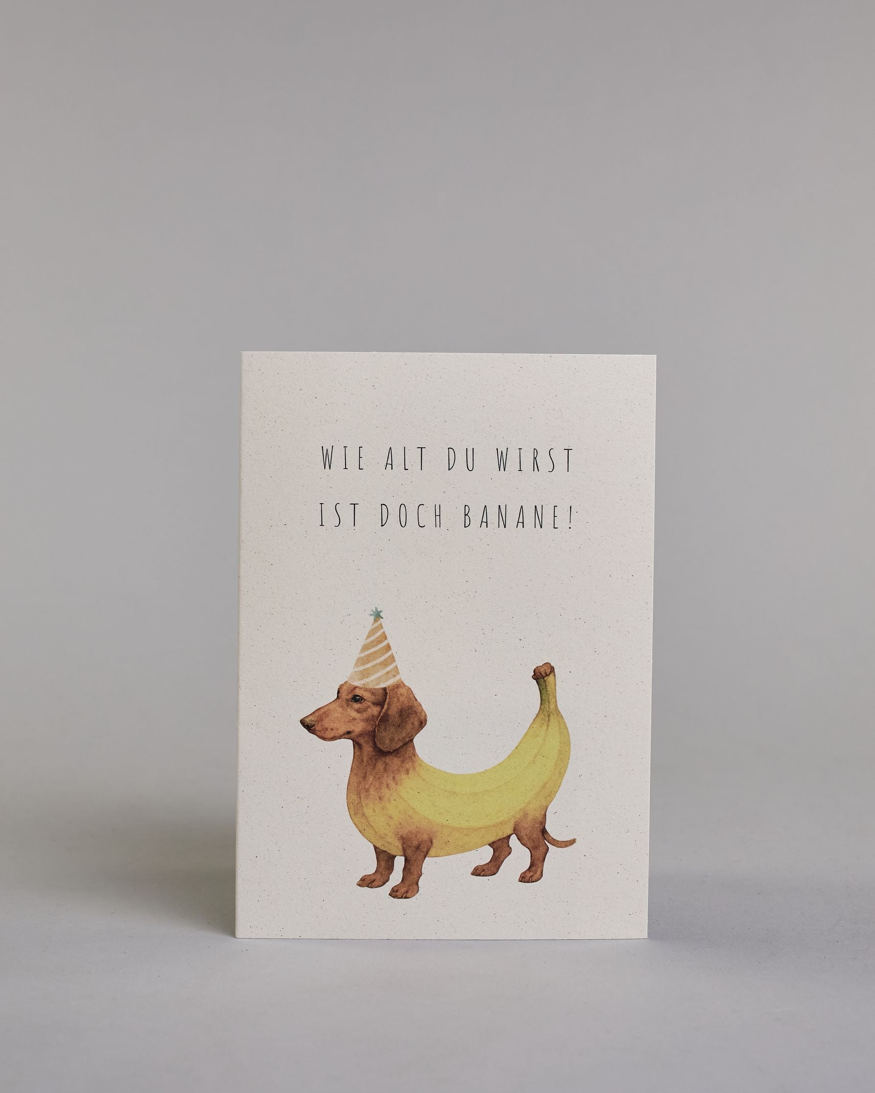 Glückwunschkarte zum Geburtstag mit schwarzer Kalligrafieaufschrift "Wie alt du wirst ist doch Banane!", mit einem genzeichnetem brauner Dackel dessen Körper aussieht wie eine gelbe Banane und einem gelb-orangen Partyhut auf dem Kopf auf hellem Hintergund. Oben steht in zwei Zeilen "WIE ALT DU WIRST", darunter "IST DOCH BANANE!" beides in dünner gerader Kalligrafieschrift und darunter mittig der Bananenhund. Dazu ein beige-weißes handgeschöpftes Kuvert. #1