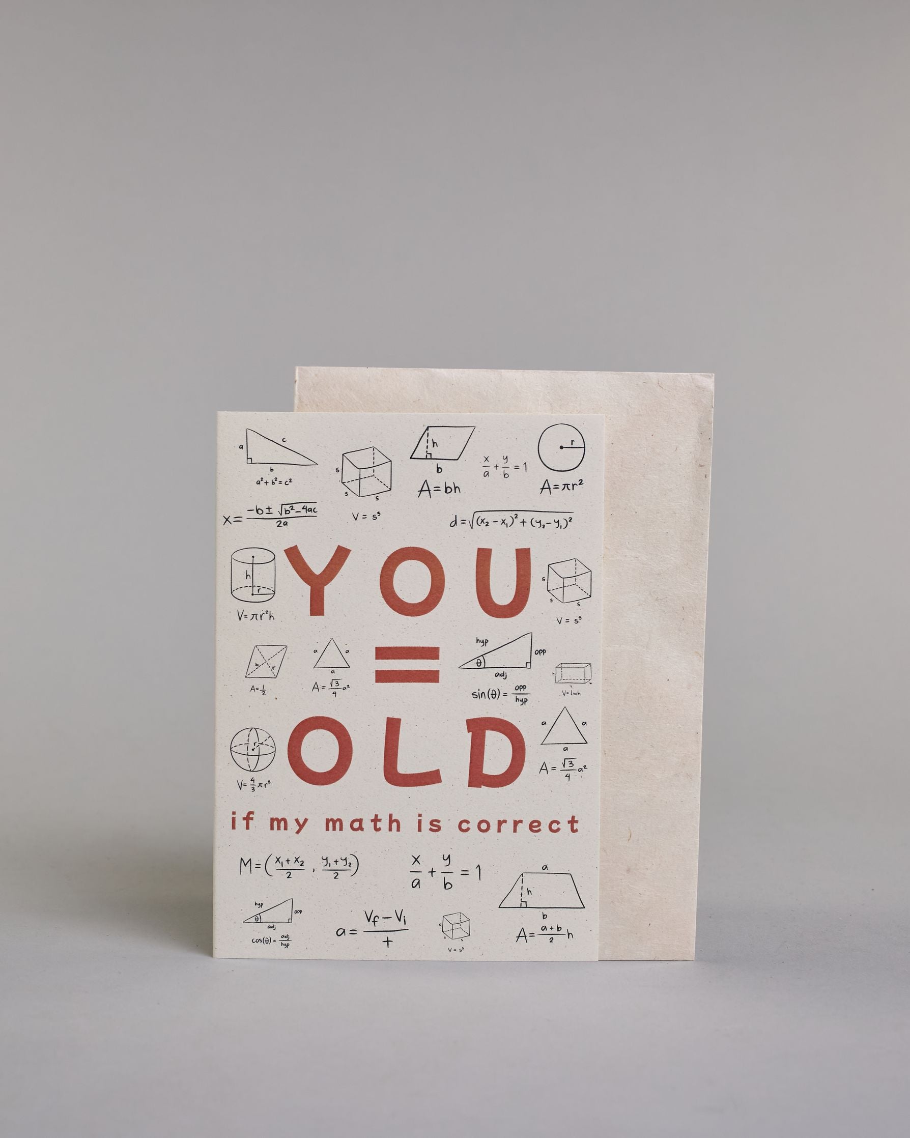 Glückwunschkarte auf Englisch zum Geburtstag mit roter Aufschrift "YOU=OLD if my math is correct", mit schwarzen mathematischen Zeichen Ziffern und Diagrammen rund um die mittig gesetzte Schrift auf hellem Hintergund. Aufgeteilt ist die Schrift wiefolgt: "YOU", darunter "=", darunter "OLD", darunter "if my math is correct". Dazu ein weißes handgeschöpftes Kuvert. #2