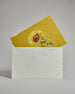 Die Rückseite des weißen Kuverts mit schwarzen Punkten in das schräg eine Postkarte steckt die großteils noch sichtbar ist. Auf der Postkarte ist eine Sonnenblume auf auf gelben Hintergrund. Das Kuvert eignet sich perfekt für die Postkarten dieser Serie.