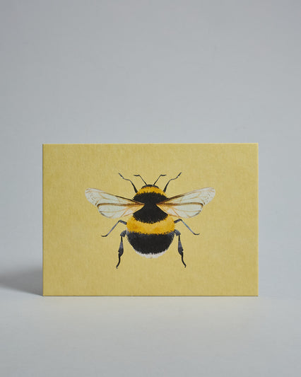 Die Vorderseite der Postkarte im Querformat vor hellgrauem Hintergrund. Die Postkarte zeigt eine gemalte Biene auf hellgelbem Hintergrund, gedruckt auf Holzschliffpappe.