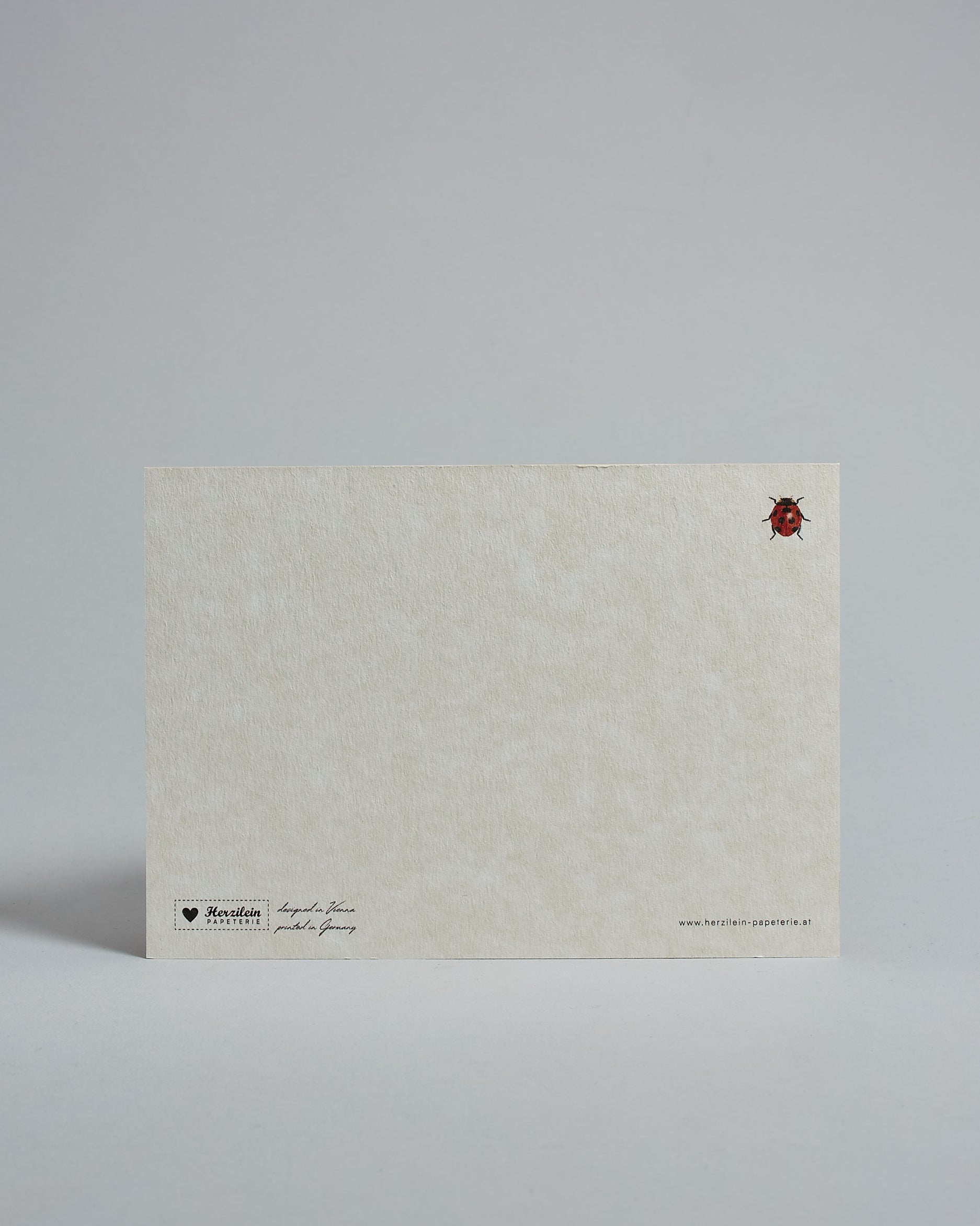 Die Rückseite der Postkarte im Querformat vor hellgrauem Hintergrund. Rechts oben ist, in kleiner Ausführung, der gleiche Marienkäfer wie auf der Vorderseite zu sehen. 
Unten sind klein das Logo Herzilein-Papeterie, der Text: "designed in VIenna, printed in Germany" und "www.herzilein-papeterie.at" zu sehen. 
Der Großteil ist unbedruckt die Struktur der hochwertigen Holzschliffpappe ist gut zu sehen. Hier ist viel Platz zum Schreiben.