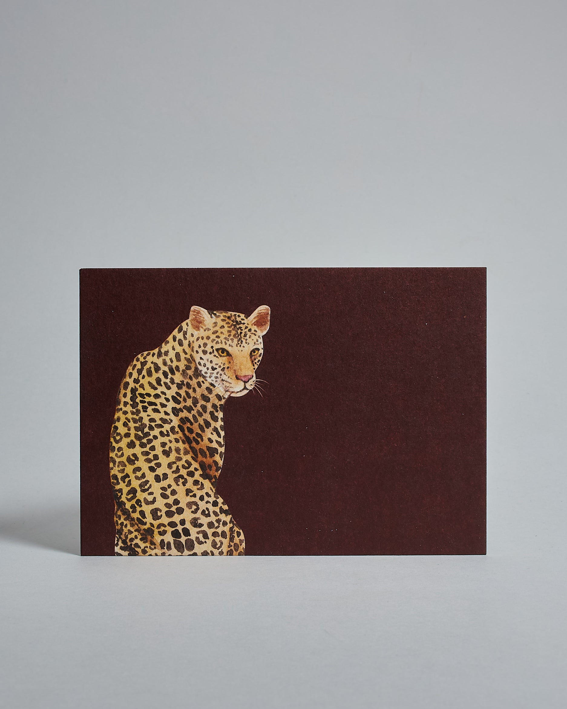 Die Vorderseite der Postkarte im Querformat vor hellgrauem Hintergrund. Die Postkarte zeigt einen geamlten Leopoarden auf braunrotem Hintergrund, gedruckt auf Holzschliffpappe.