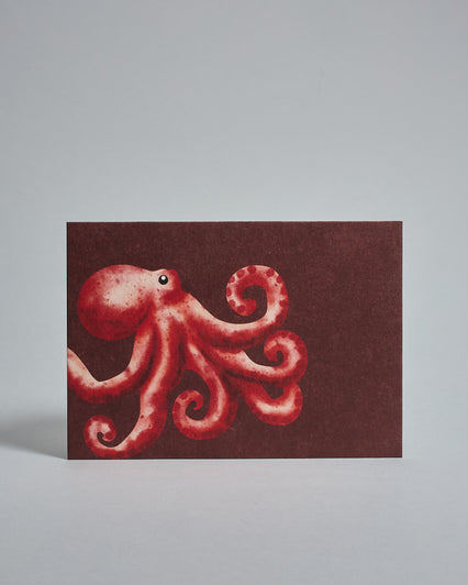 Die Vorderseite der Postkarte im Querformat vor hellgrauem Hintergrund. Die Postkarte zeigt einen gemalten Tintenfisch auf dunkelrotem Hintergrund, gedruckt auf Holzschliffpappe.