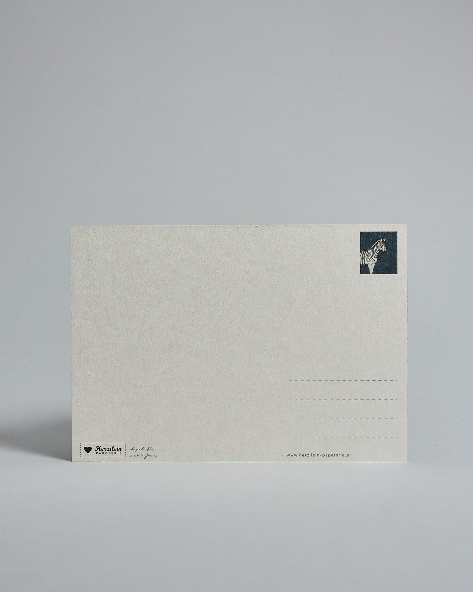 Die Rückseite der Postkarte im Querformat vor hellgrauem Hintergrund. Rechts oben ist, in kleiner Ausführung, das gleiche Zebra vor blauem Hintergrund wie auf der Vorderseite zu sehen. 
Unten sind klein das Logo Herzilein-Papeterie, der Text: "designed in VIenna, printed in Germany" und "www.herzilein-papeterie.at" zu sehen. 
Der Großteil ist unbedruckt die Struktur der hochwertigen Holzschliffpappe ist gut zu sehen. Hier ist viel Platz zum Schreiben.