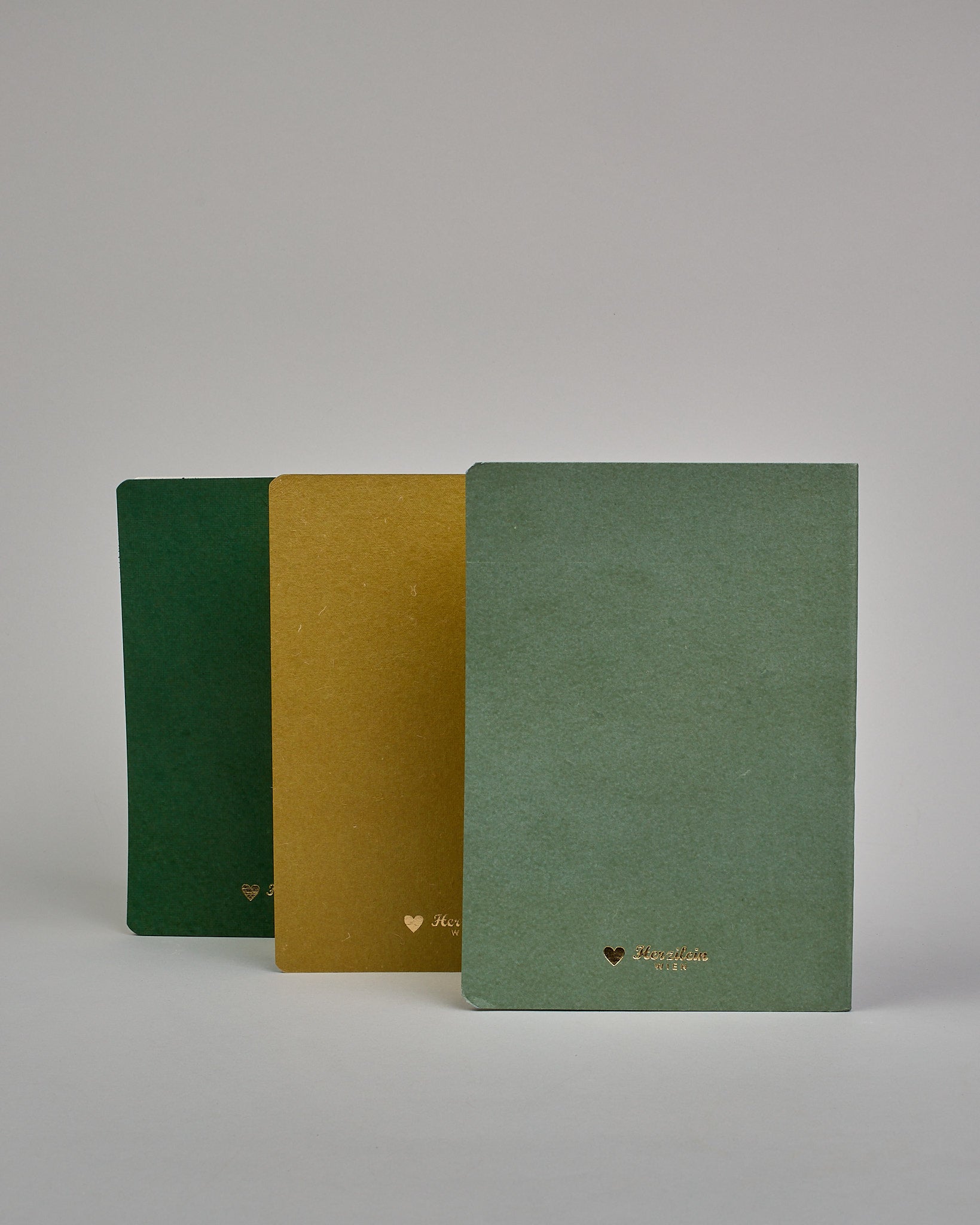 Set bestehend aus drei Heften in dunkelgrün, ockergold und mint. Jedes hat eine andere Prägung oben Mittig in gold. Das dunkelgrüne ein Ginkoblatt, das ockergoldene eine vollfächiges Muster mit Blüten und das mintfarbene eine Pusteblume. Innen sind sie glatt. #2