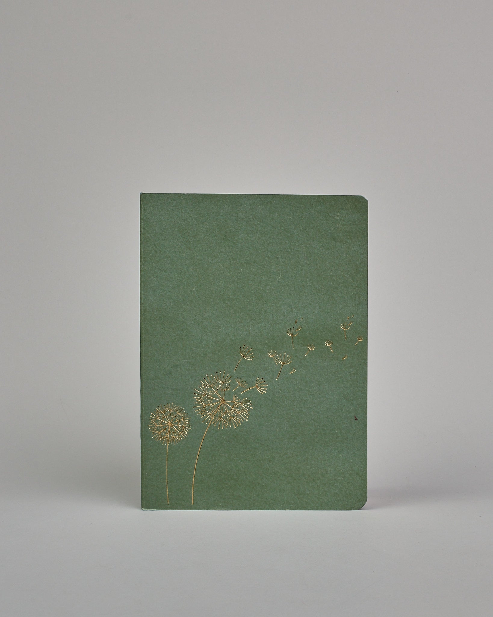 Set bestehend aus drei Heften in dunkelgrün, ockergold und mint. Jedes hat eine andere Prägung oben Mittig in gold. Das dunkelgrüne ein Ginkoblatt, das ockergoldene eine vollfächiges Muster mit Blüten und das mintfarbene eine Pusteblume. Innen sind sie glatt. #3