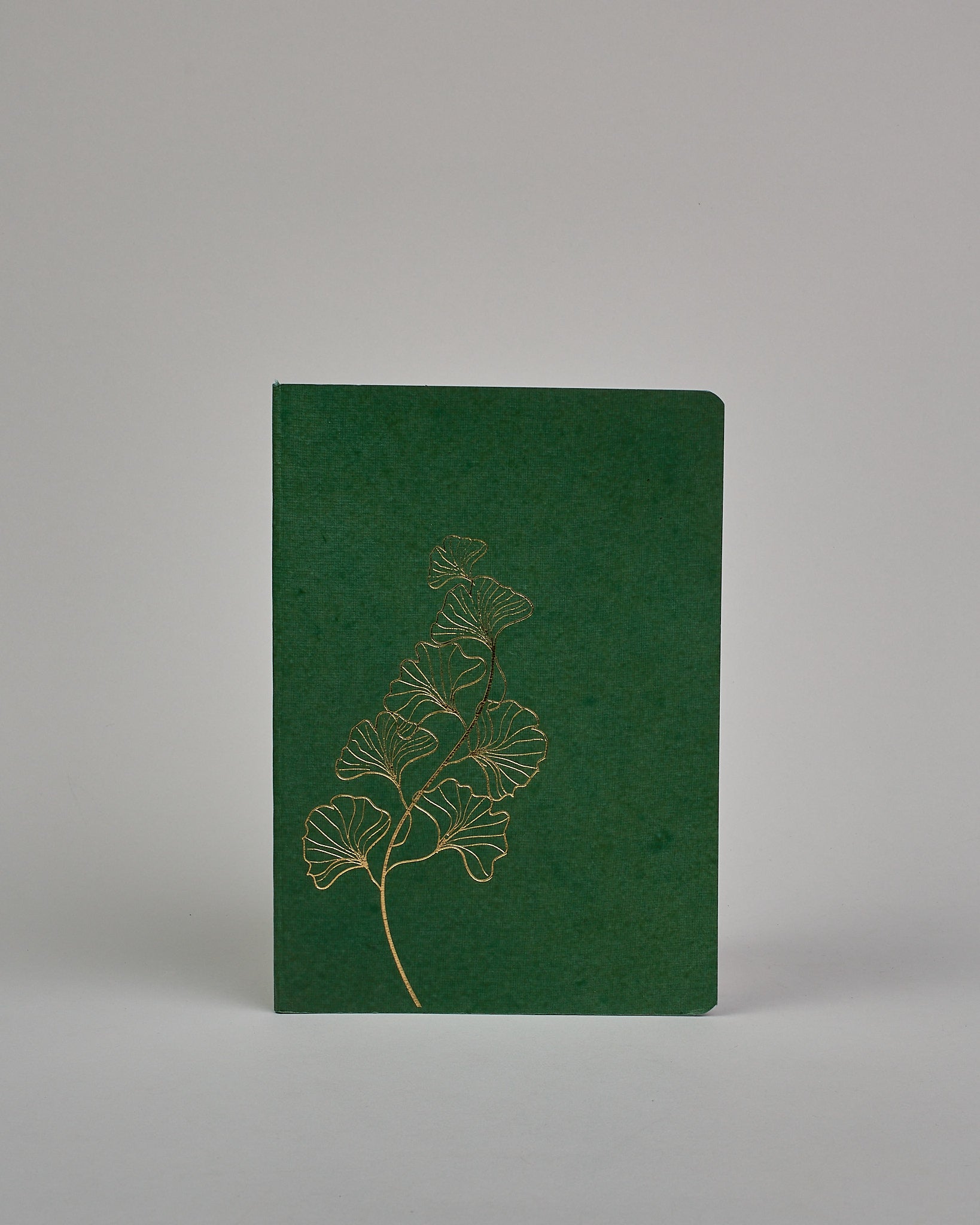 Set bestehend aus drei Heften in dunkelgrün, ockergold und mint. Jedes hat eine andere Prägung oben Mittig in gold. Das dunkelgrüne ein Ginkoblatt, das ockergoldene eine vollfächiges Muster mit Blüten und das mintfarbene eine Pusteblume. Innen sind sie glatt. #4