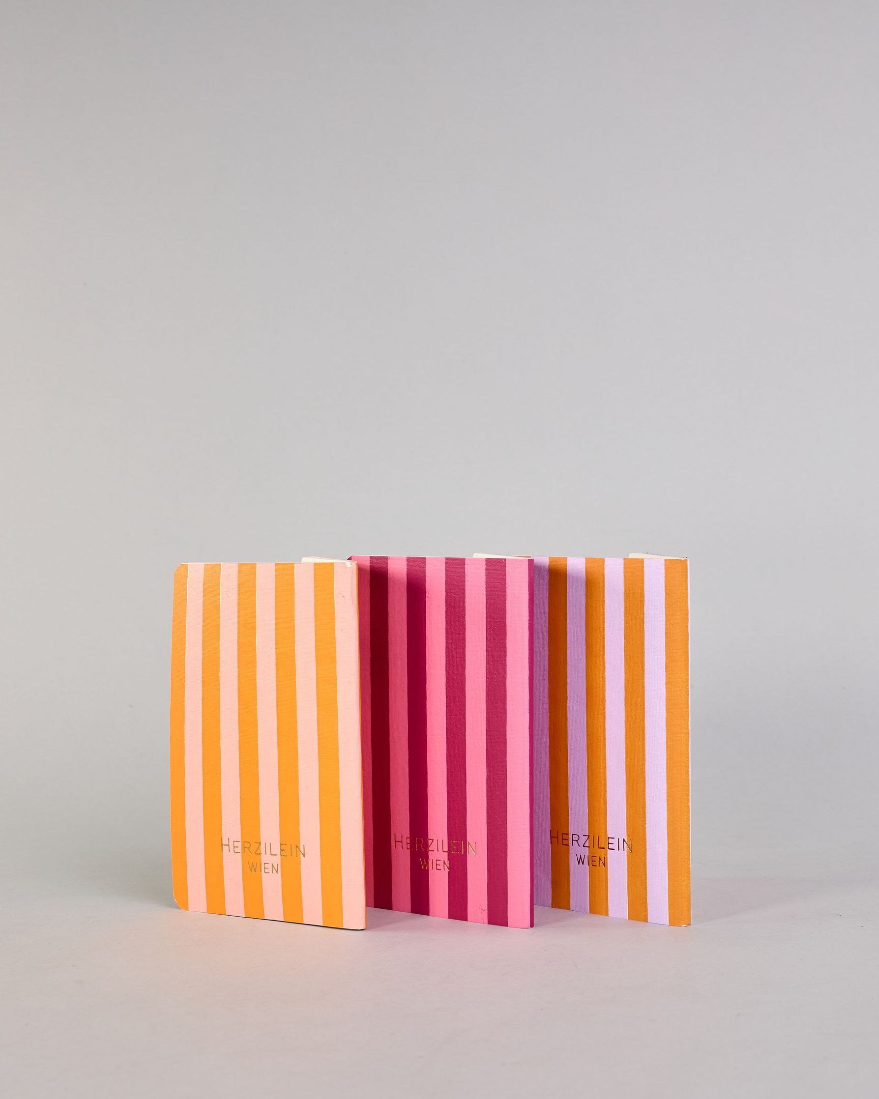 Set aus drei A6-Heften mit recyceltem Baumwolleinband. Die Hefte sind mit senkrechten Streifen in Blau- und Grüntönen gestaltet und zeigen auf dem Cover jeweils ein goldenes Motiv: ein Herz, ein Kleeblatt und eine Libelle. 30 glatte Seiten innen. #4