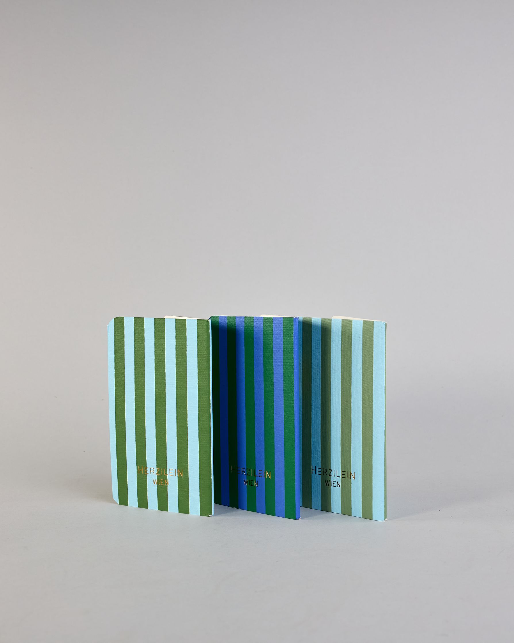 Set aus drei A6-Heften mit recyceltem Baumwolleinband. Die Hefte sind mit senkrechten Streifen in Blau- und Grüntönen gestaltet und zeigen auf dem Cover jeweils ein goldenes Motiv: ein Herz, ein Kleeblatt und eine Libelle. 30 glatte Seiten innen. #3